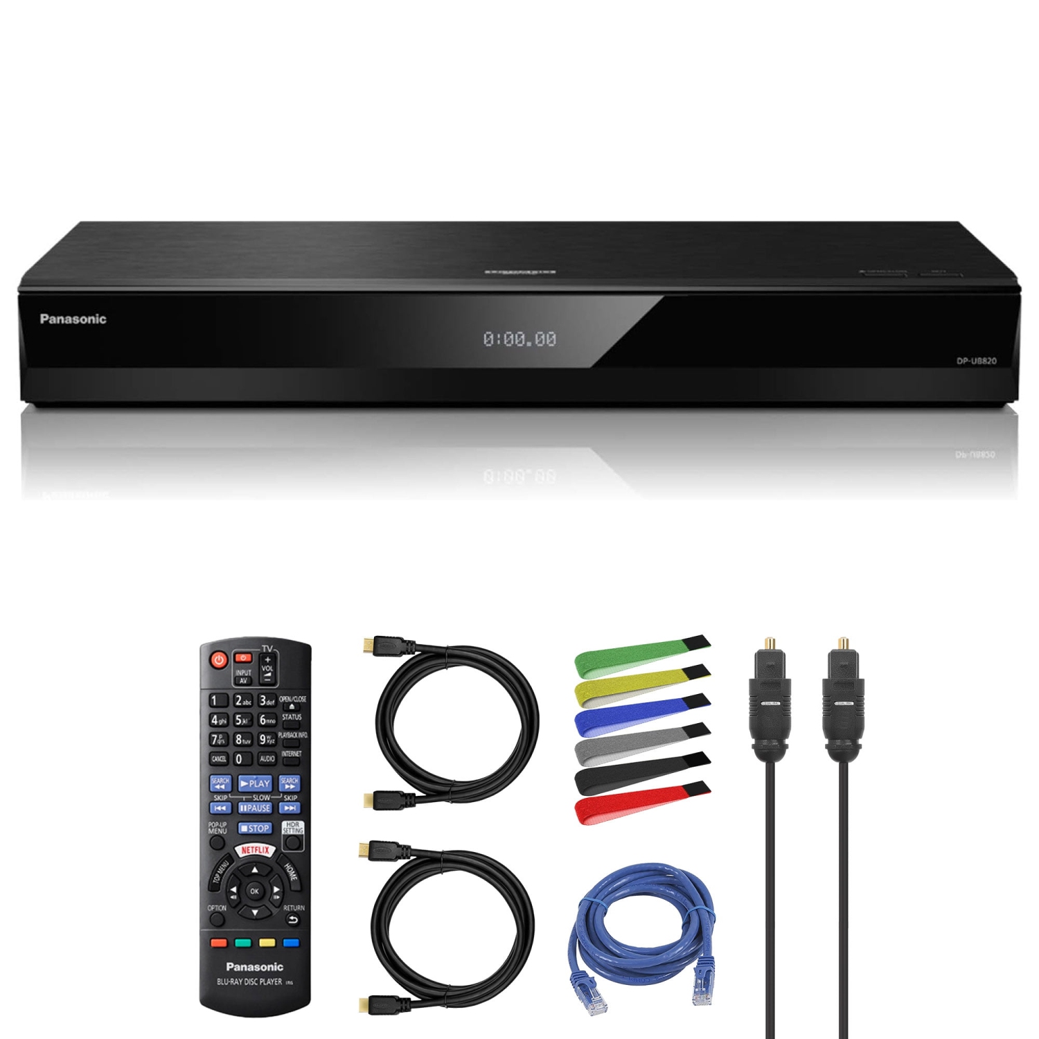 DP-UB820-K de Panasonic + câble réseau + câble audio optique + 2 câble HDMI + attaches de câble