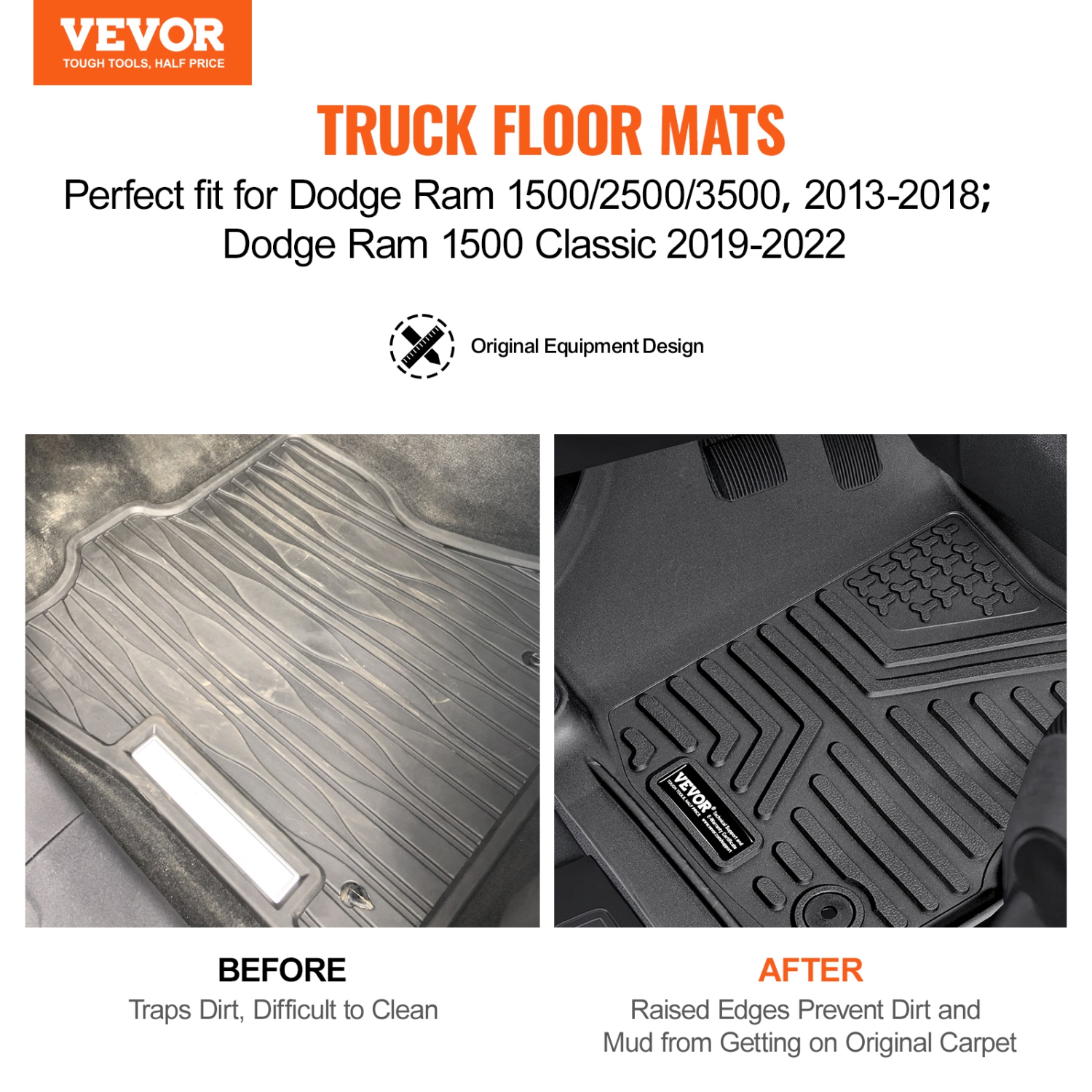 VEVOR Automotive Floor Mats, Fits Dodge Ram 1500/2500/3500, Crew Cab Only 1500 Classic 2013-2018/2019-2022, 3 pcs Front and 2nd Row Liners,TPE