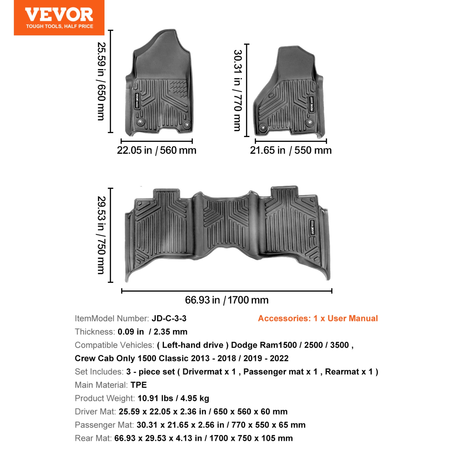 VEVOR Automotive Floor Mats, Fits Dodge Ram 1500/2500/3500, Crew Cab Only 1500 Classic 2013-2018/2019-2022, 3 pcs Front and 2nd Row Liners,TPE