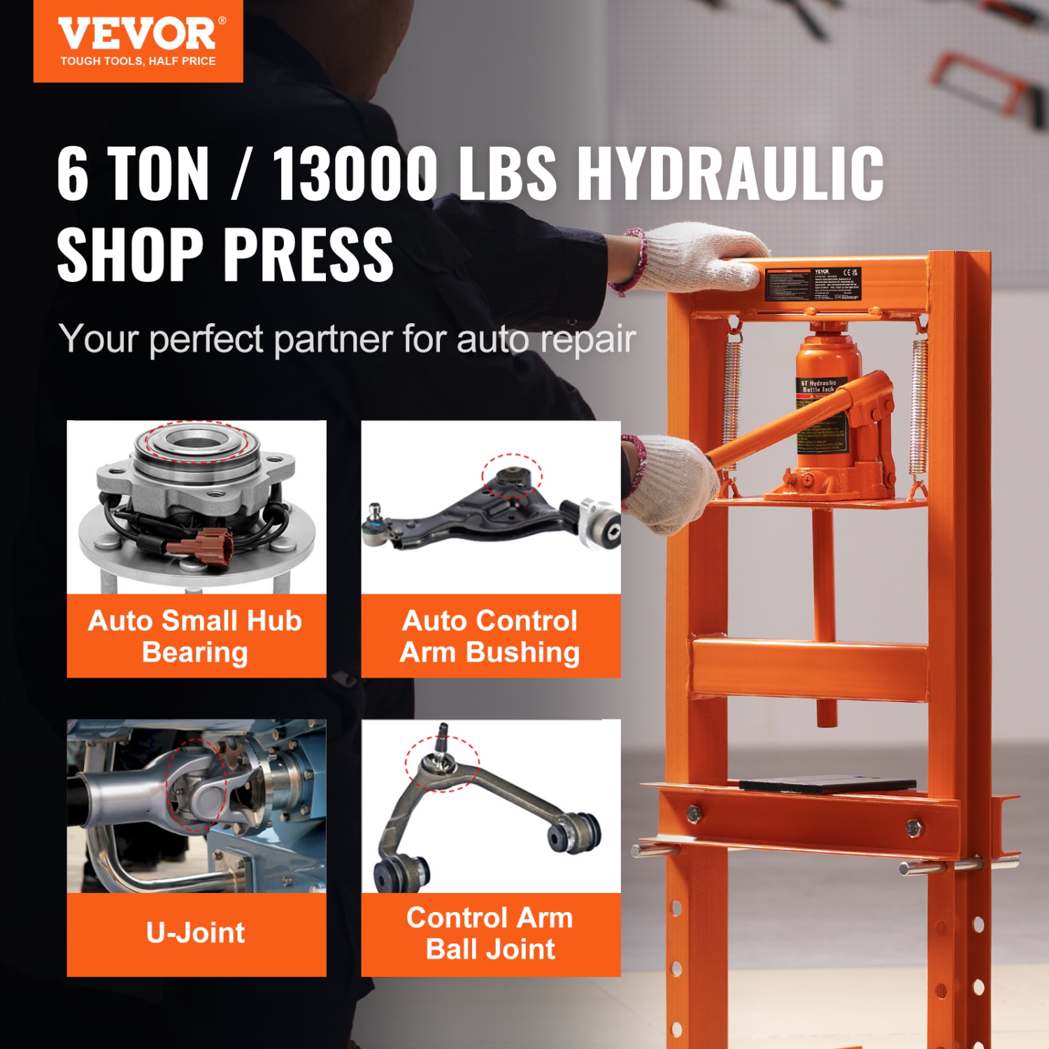 VEVOR 6 Ton Hydraulic Shop Press, H-Frame Hydraulic Garage/Shop Floor Press, Adjustable Shop Press with Press Plates, Heavy Duty Hydraulic Press for