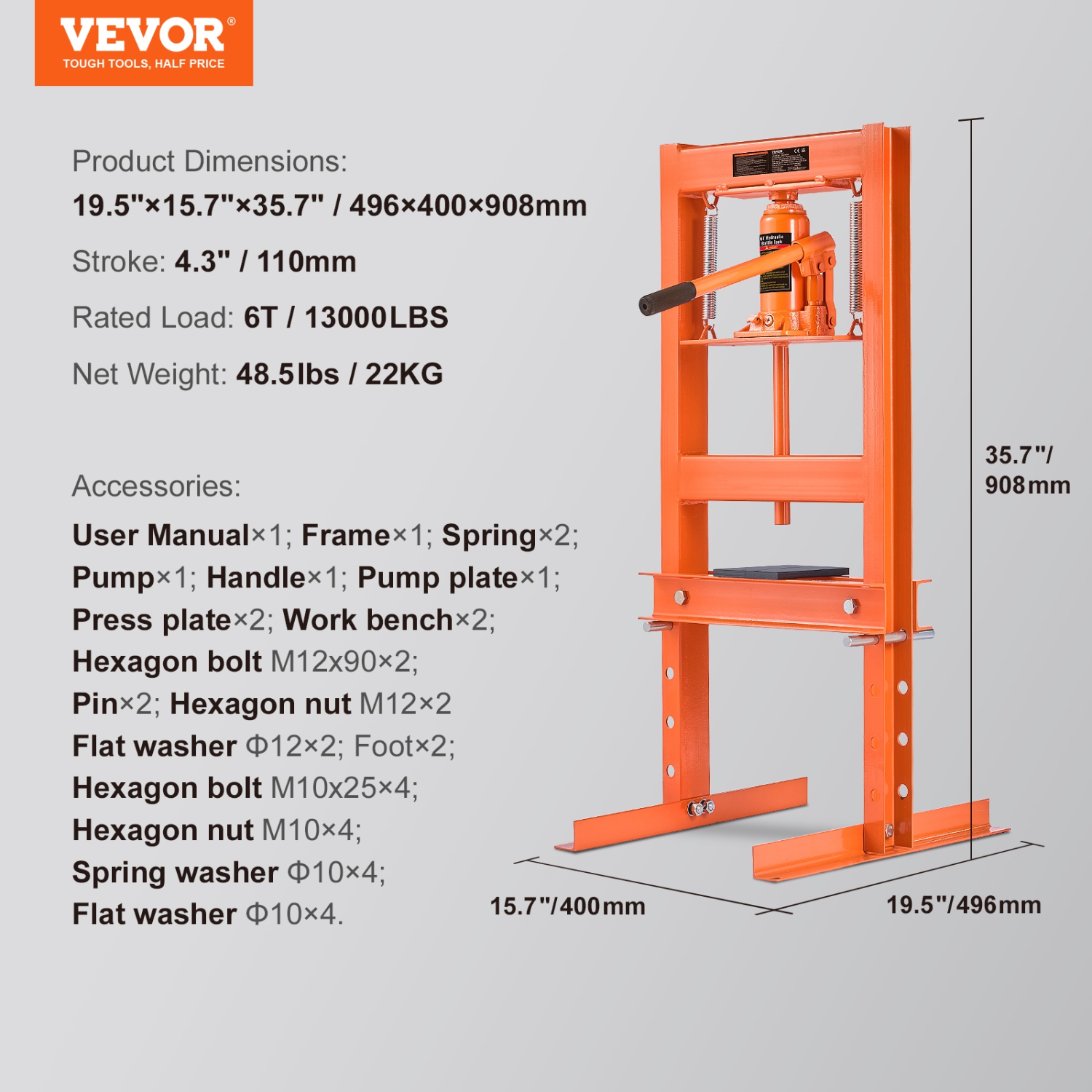 VEVOR 6 Ton Hydraulic Shop Press, H-Frame Hydraulic Garage/Shop Floor Press, Adjustable Shop Press with Press Plates, Heavy Duty Hydraulic Press for