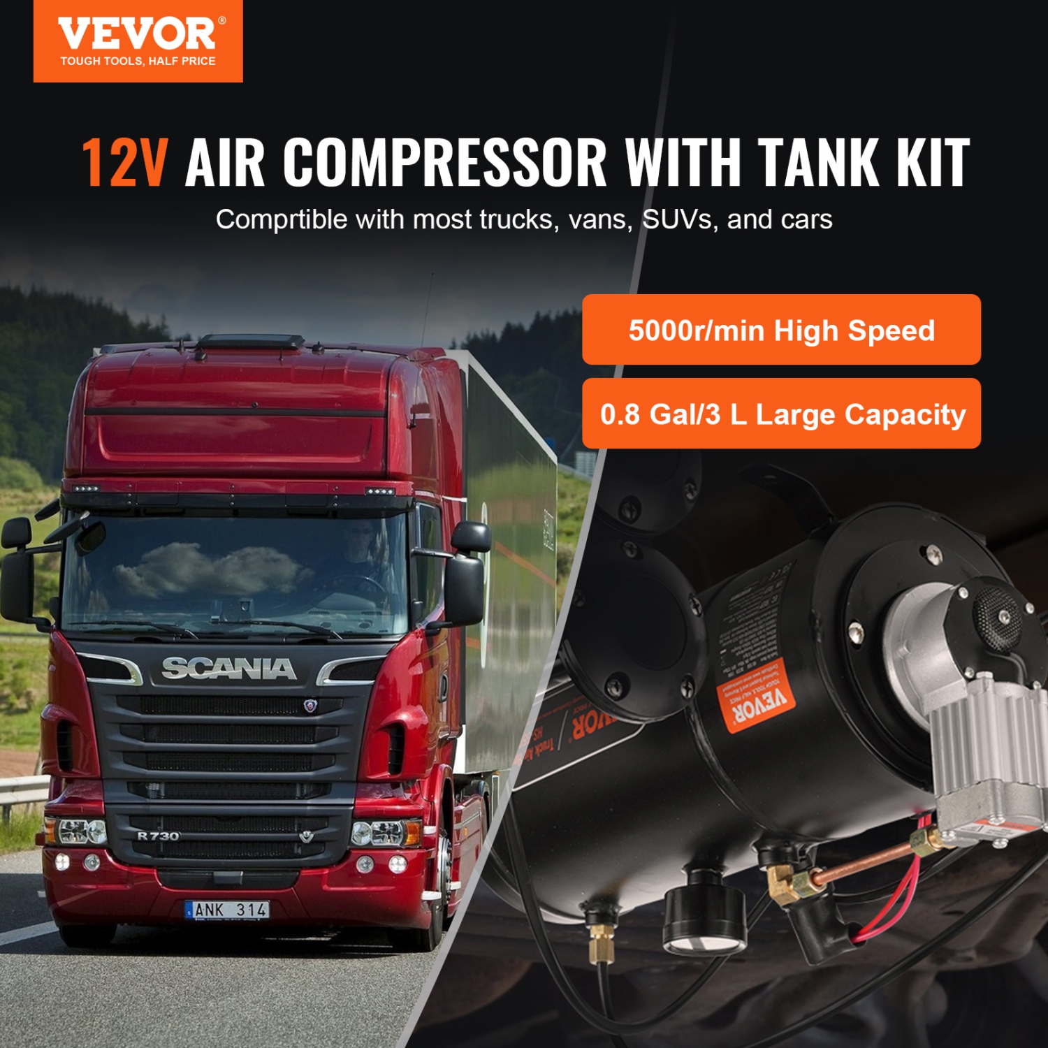 VEVOR 12V Air Compressor with Tank 0.8 Gallon/3 L, Train Horn Air Compressor, 120 psi Working Pressure Onboard Air Compressor System for Train Air