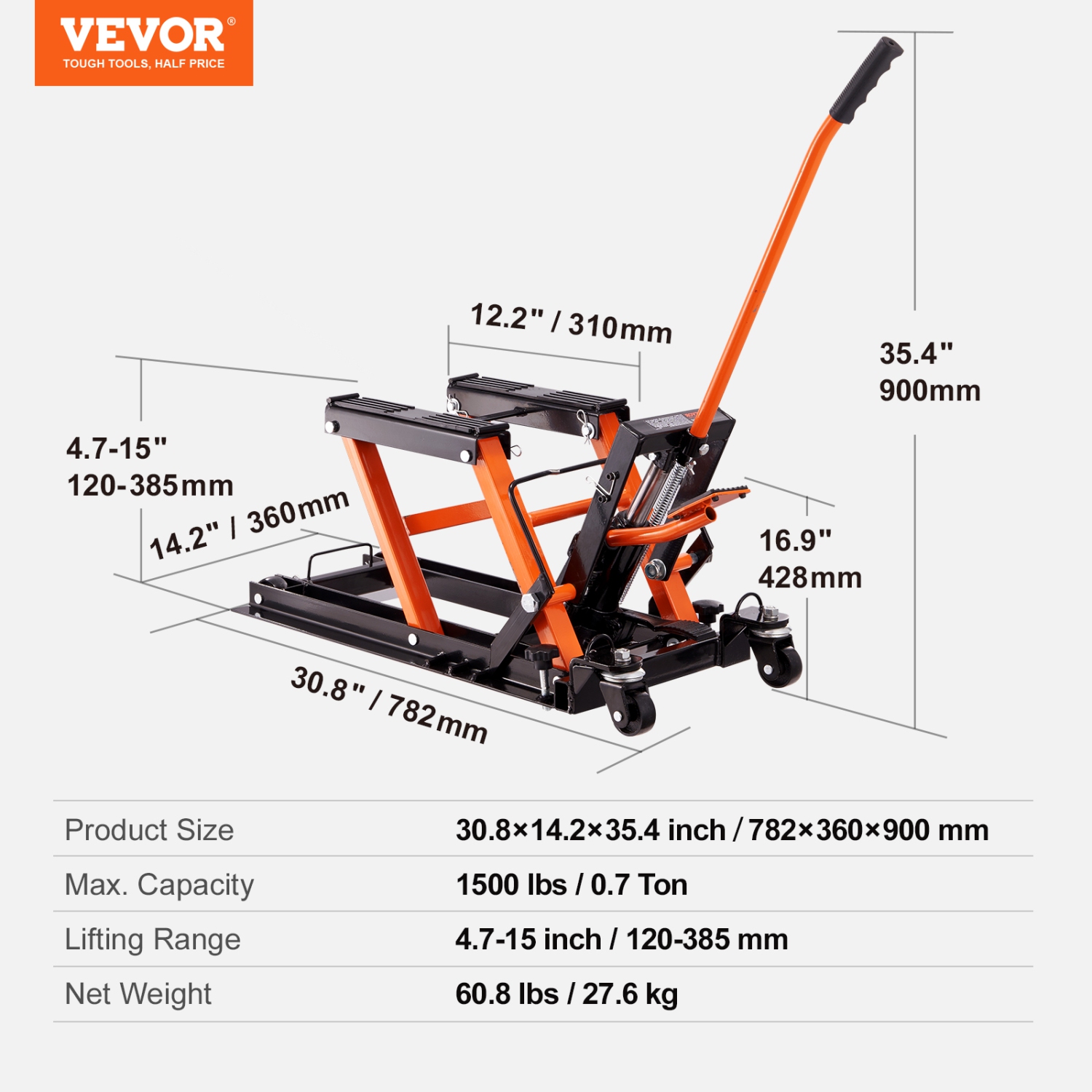 VEVOR Hydraulic Motorcycle Lift Jack, 1500 LBS Capacity ATV Scissor Lift Jack, Portable Motorcycle Lift Table with 4 Wheels, Hydraulic Foot-Operated