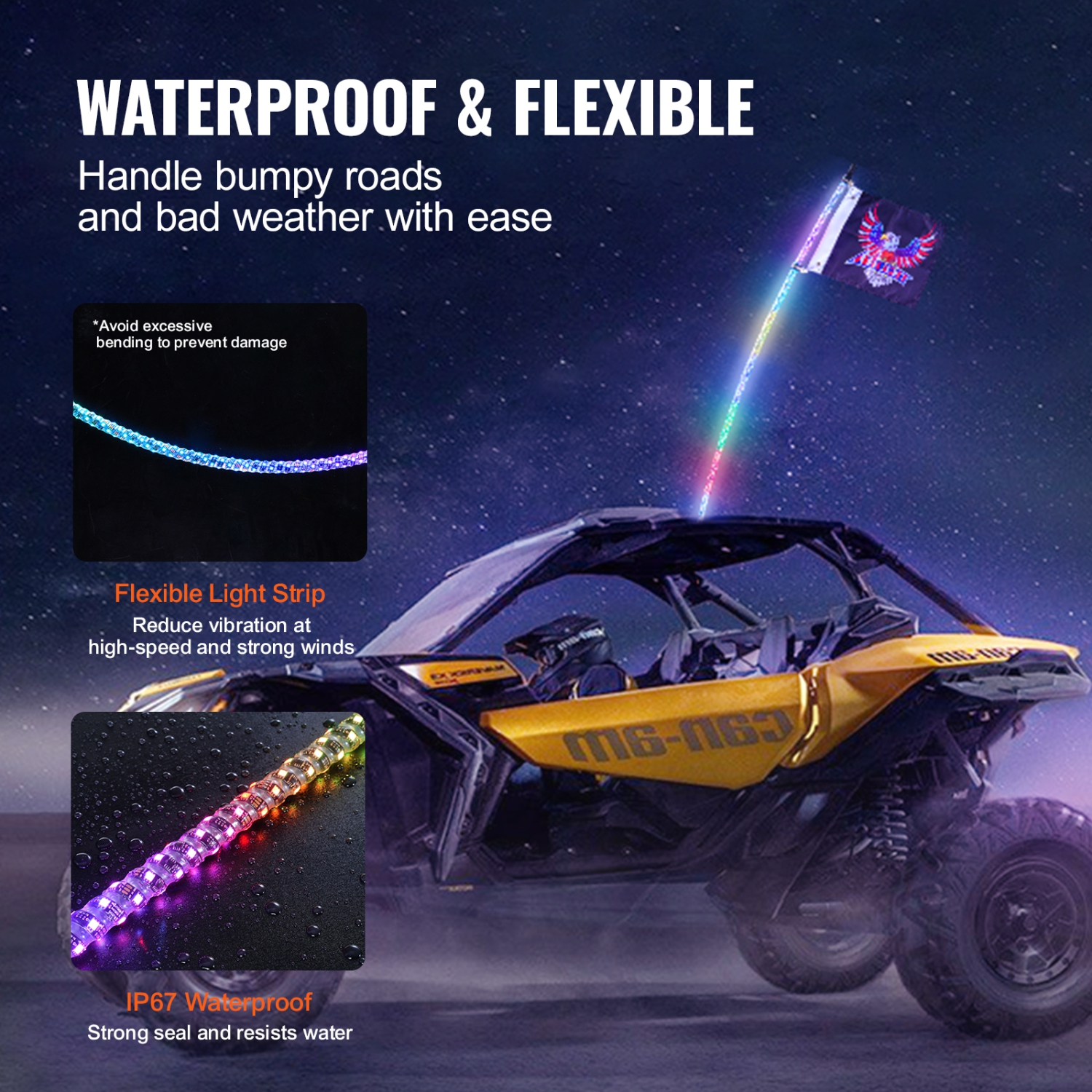 VEVOR 1 PC 4 FT Whip Light, APP & RF Remote Control Led Whip Light, Waterproof 360°Spiral RGB Chasing Lighted Whips with 2 Flags, for UTVs, ATVs,