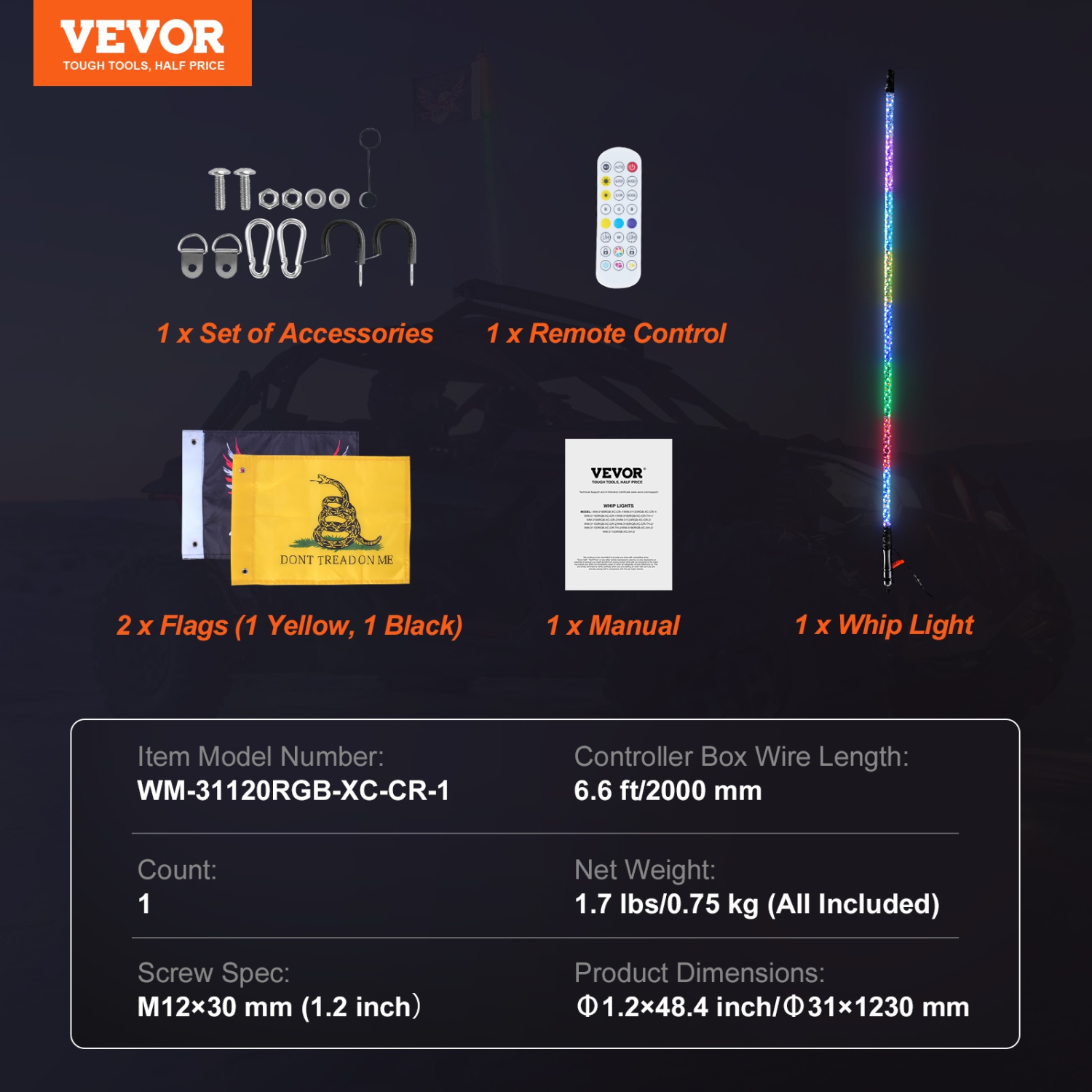 VEVOR 1 PC 4 FT Whip Light, APP & RF Remote Control Led Whip Light, Waterproof 360°Spiral RGB Chasing Lighted Whips with 2 Flags, for UTVs, ATVs,
