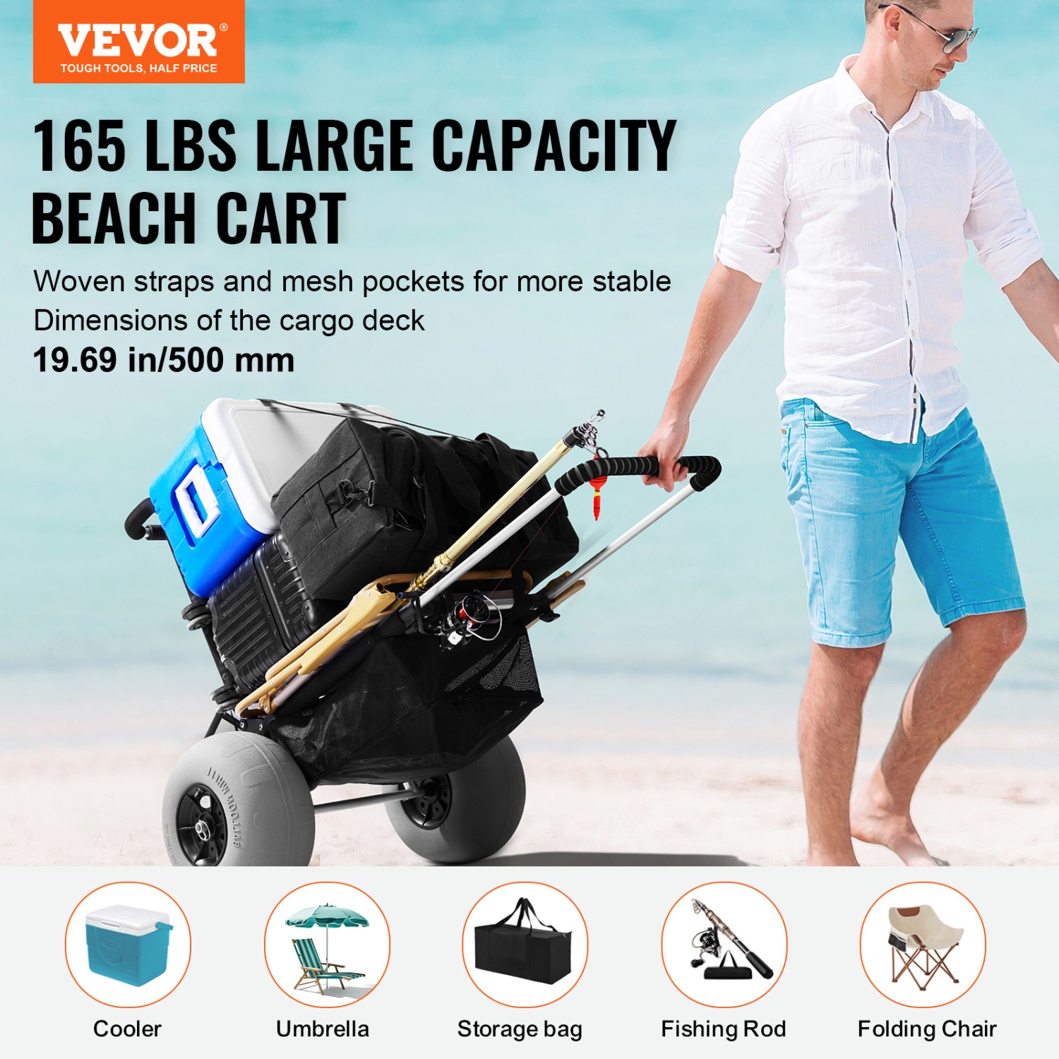 VEVOR Beach Dolly with Big Wheels for Sand, 29.9" x 15.4" Cargo Deck, w/ 12" Balloon Wheels, 165LBS Loading Capacity Folding Sand Cart & 27" to 44.7"