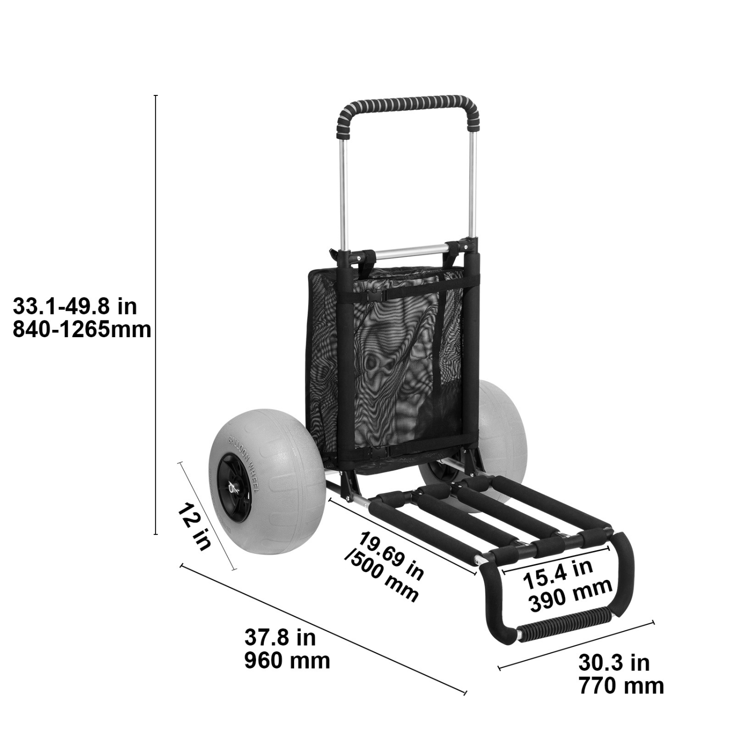 VEVOR Beach Dolly with Big Wheels for Sand, 29.9" x 15.4" Cargo Deck, w/ 12" Balloon Wheels, 165LBS Loading Capacity Folding Sand Cart & 27" to 44.7"