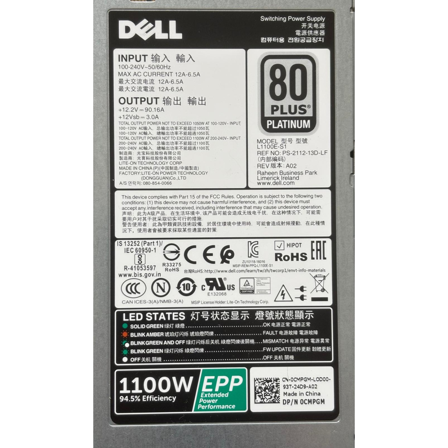 Dell Power OCMPGM Bloc d'alimentation 1100&nbsp;W à remplacement à chaud SÉRIE PowerEdge C4130 R730 R630 T 630 R530 R430 T430 Serveurs - GRIS