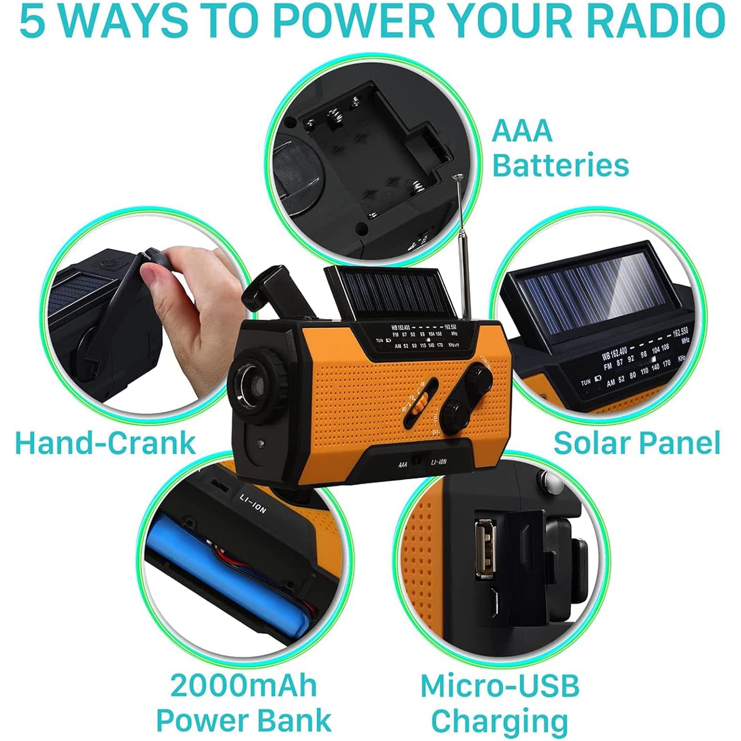 Multifunctional emergency radio hand crank solar USB charging AMMFWB outdoor disaster prevention lighting SOS-green