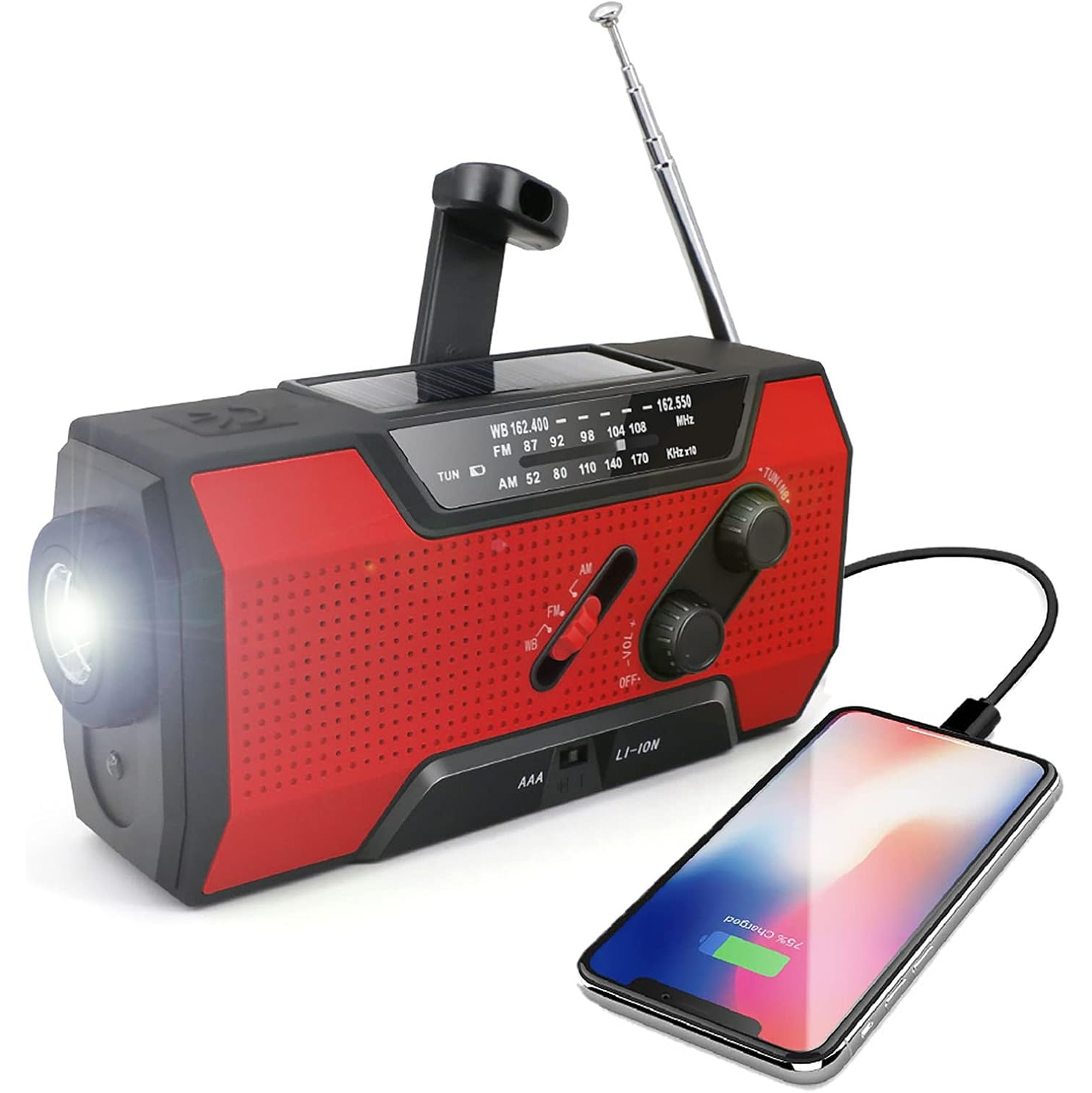 Multifunctional emergency radio hand crank solar USB charging AMMFWB outdoor disaster prevention lighting SOS-red