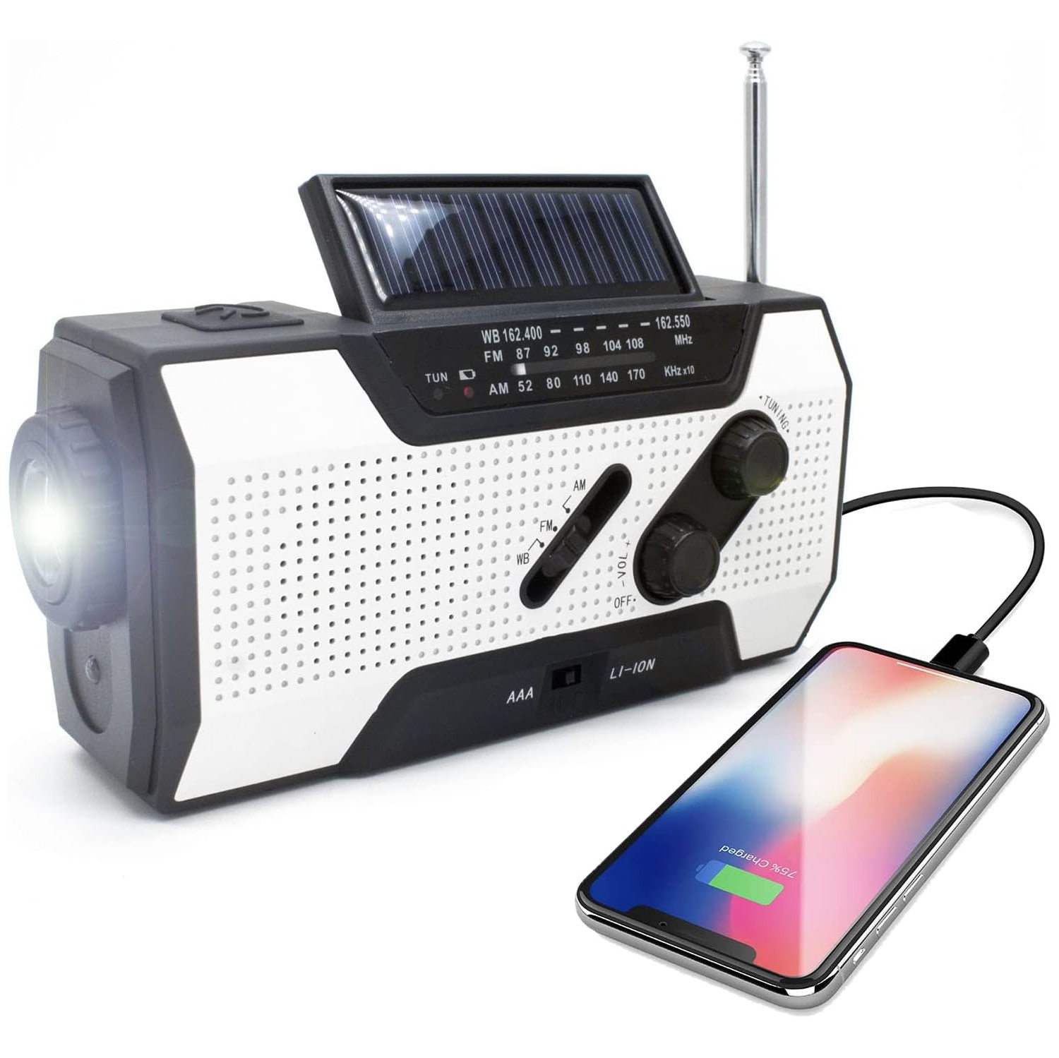 Multifunctional emergency radio hand crank solar USB charging AMMFWB outdoor disaster prevention lighting SOS-white
