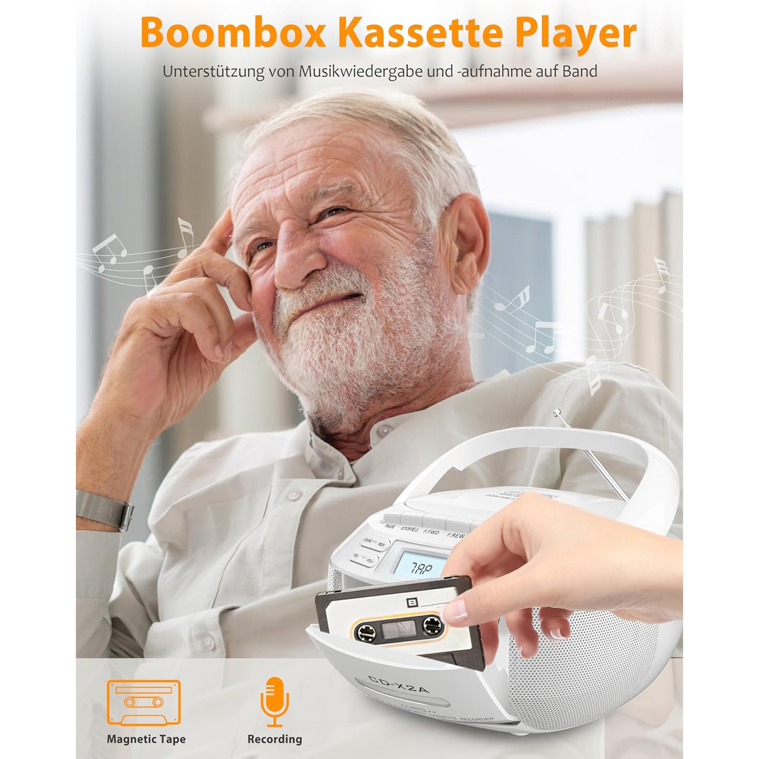 Portable Cassette Player Stereo Bluetooth AM/FM Bluetooth MP3 Music CD Player Cassette Recorder - black