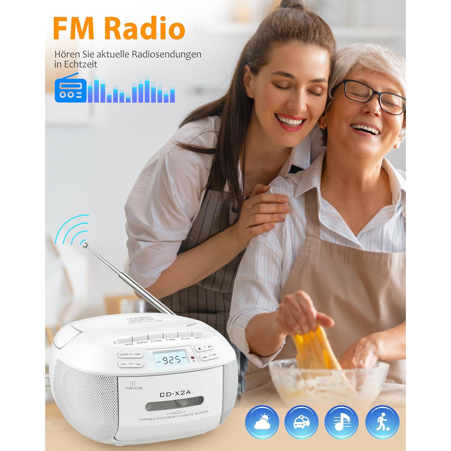 Portable Cassette Player Stereo Bluetooth AM/FM Bluetooth MP3 Music CD Player Cassette Recorder - black