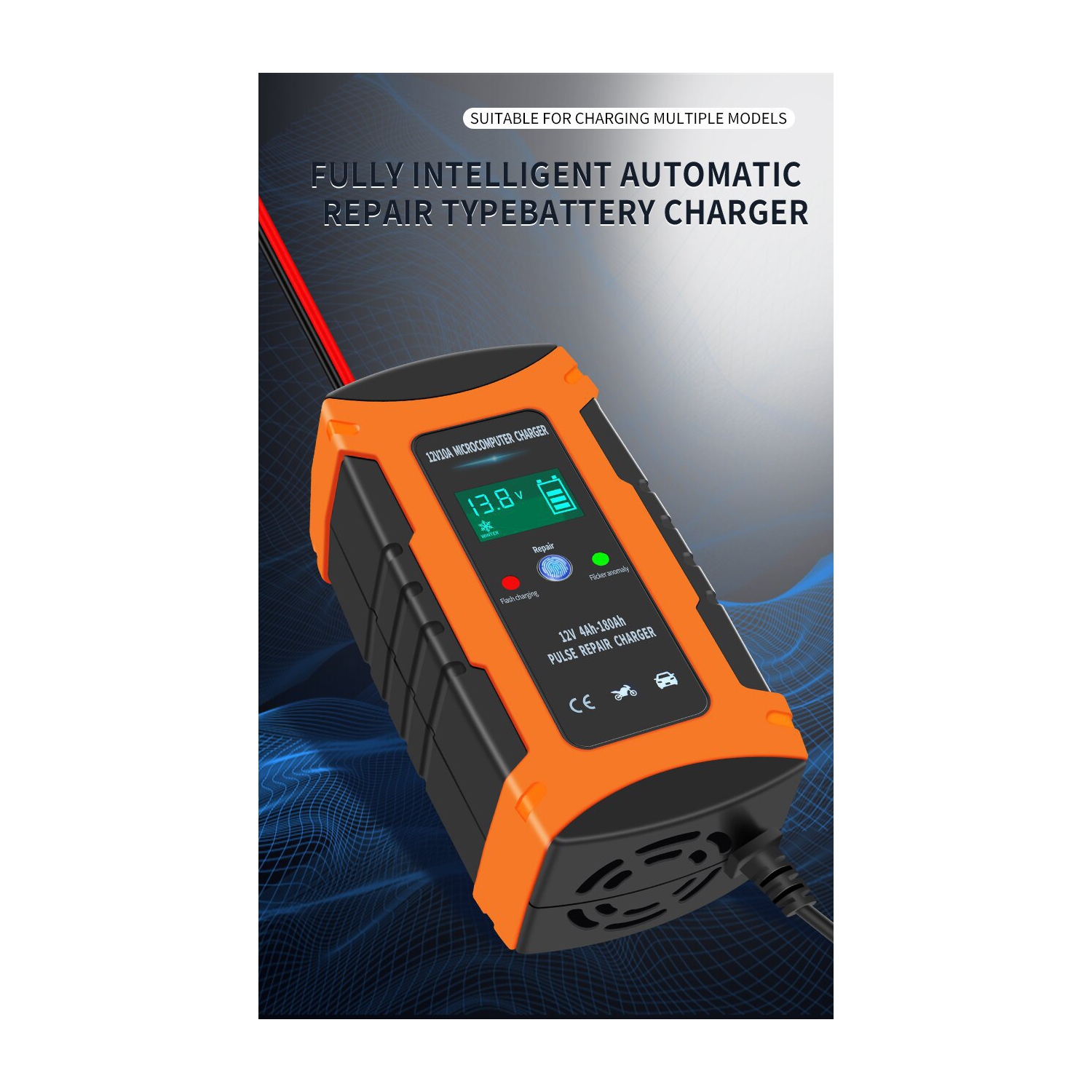 Chargeur de batterie portable 10 A de 12 V, chargeur de batterie de voiture, chargeur intelligent entièrement automatique, chargeur de