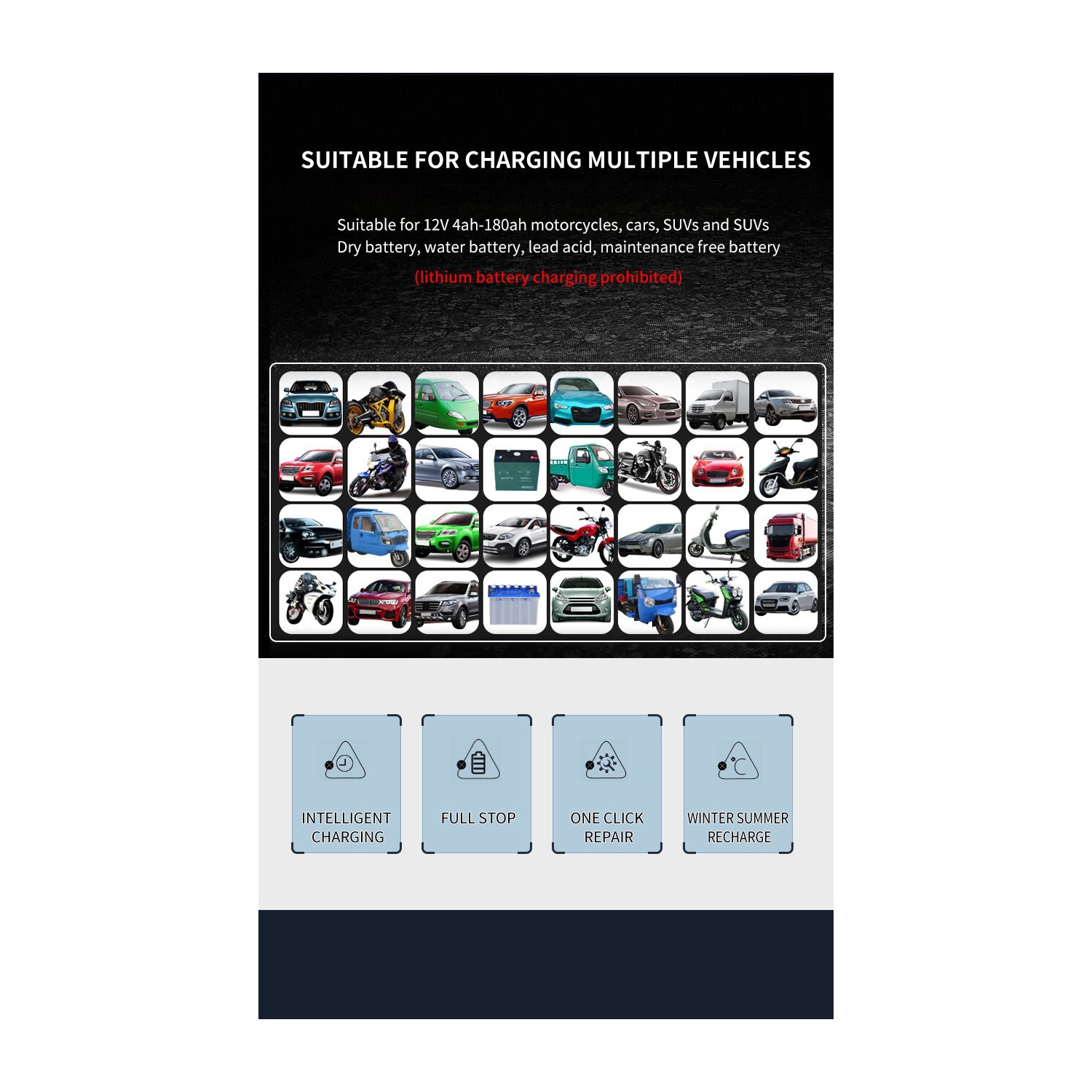 Chargeur de batterie portable 10 A de 12 V, chargeur de batterie de voiture, chargeur intelligent entièrement automatique, chargeur de