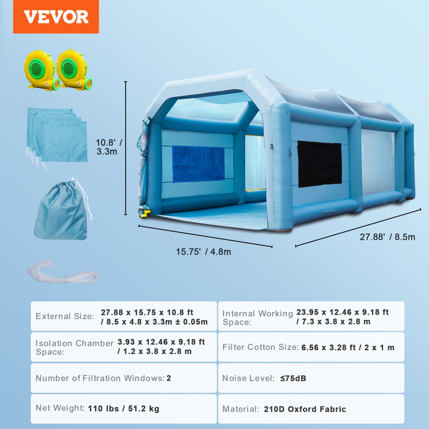 VEVOR 28x16x11ft Inflatable Paint Booth, Inflatable Spray Booth, High Powerful 750W+950W Blowers Spray Booth Tent, Car Paint Tent Air Filter System