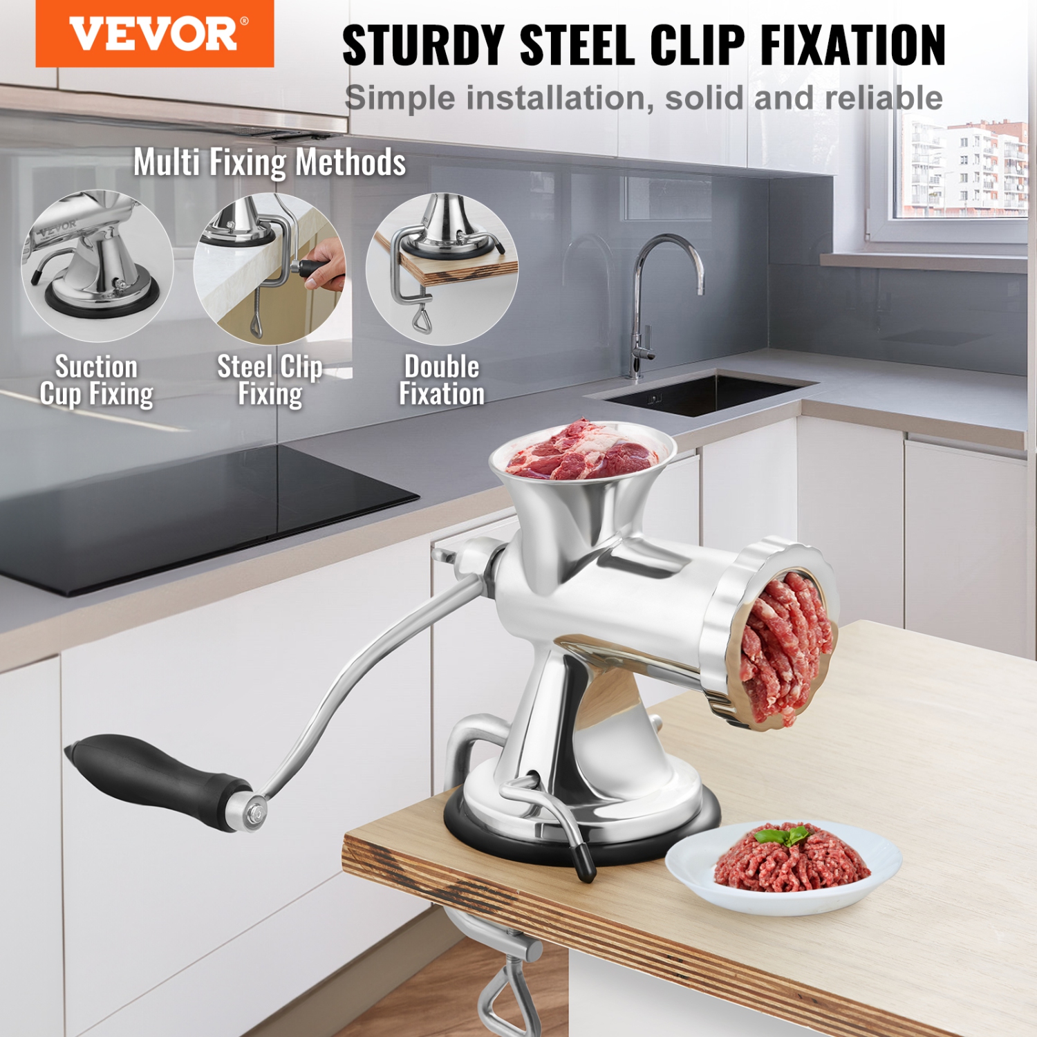 VEVOR Manual Meat Grinder, 304 Stainless Steel Hand Meat Grinder with Suction Cup + Steel Table Clamp, Meat Mincer Sausage Maker & 2 Cutting Plates,