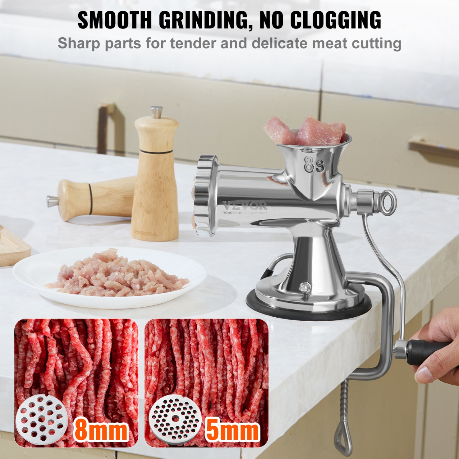 VEVOR Manual Meat Grinder, 304 Stainless Steel Hand Meat Grinder with Suction Cup + Steel Table Clamp, Meat Mincer Sausage Maker & 2 Cutting Plates,