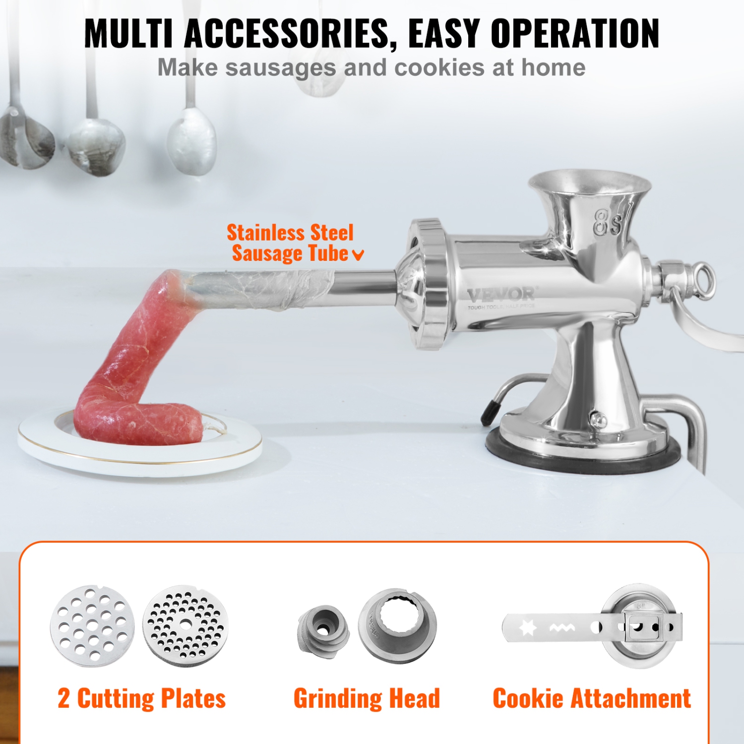 VEVOR Manual Meat Grinder, 304 Stainless Steel Hand Meat Grinder with Suction Cup + Steel Table Clamp, Meat Mincer Sausage Maker & 2 Cutting Plates,