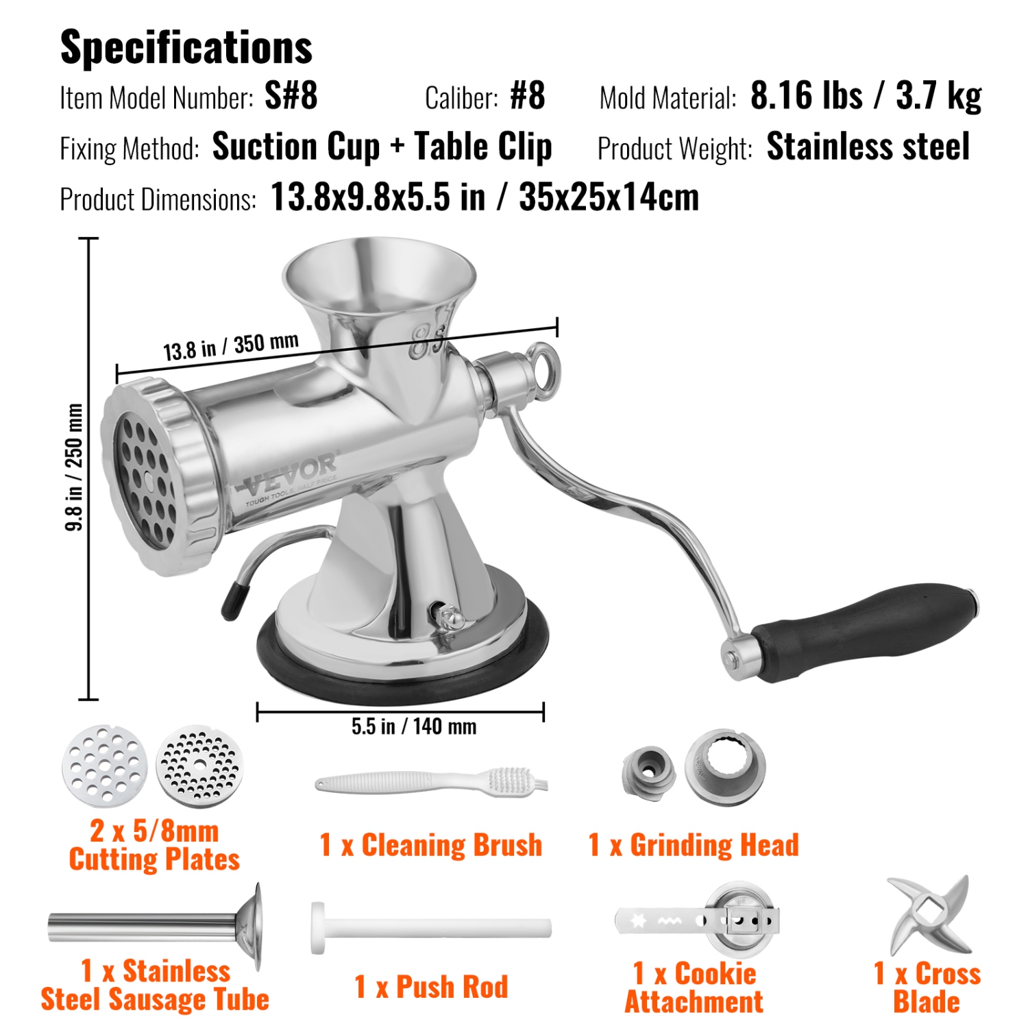VEVOR Manual Meat Grinder, 304 Stainless Steel Hand Meat Grinder with Suction Cup + Steel Table Clamp, Meat Mincer Sausage Maker & 2 Cutting Plates,