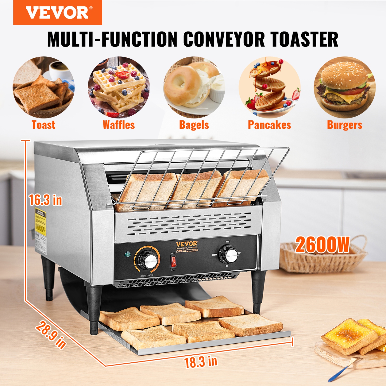 VEVOR Commercial Conveyor Toaster, 450 Slices/Hour Conveyor Belt Toaster, Heavy Duty Stainless Steel Commercial Toaster Oven, Electric Restaurant