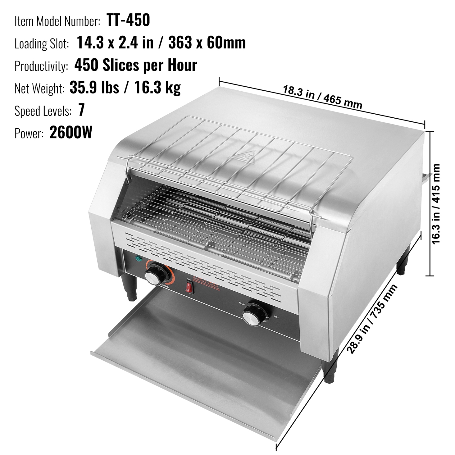 VEVOR Commercial Conveyor Toaster, 450 Slices/Hour Conveyor Belt Toaster, Heavy Duty Stainless Steel Commercial Toaster Oven, Electric Restaurant