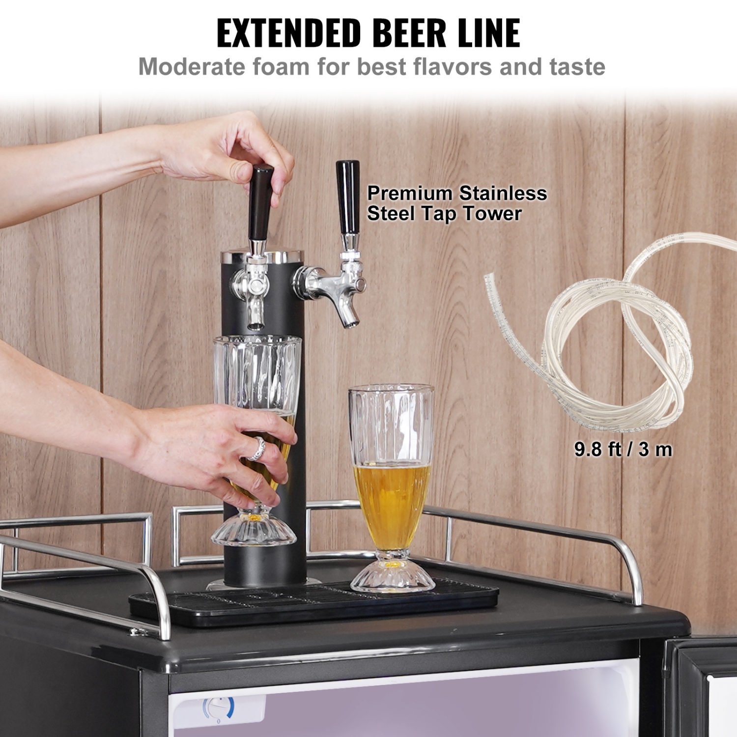 VEVOR Beer Kegerator, Dual Tap Draft, Full Size Keg Refrigerator with CO2 Cylinder, Shelves, Drip Tray & Rail, 32°F- 50°F Temperature Control, Hold
