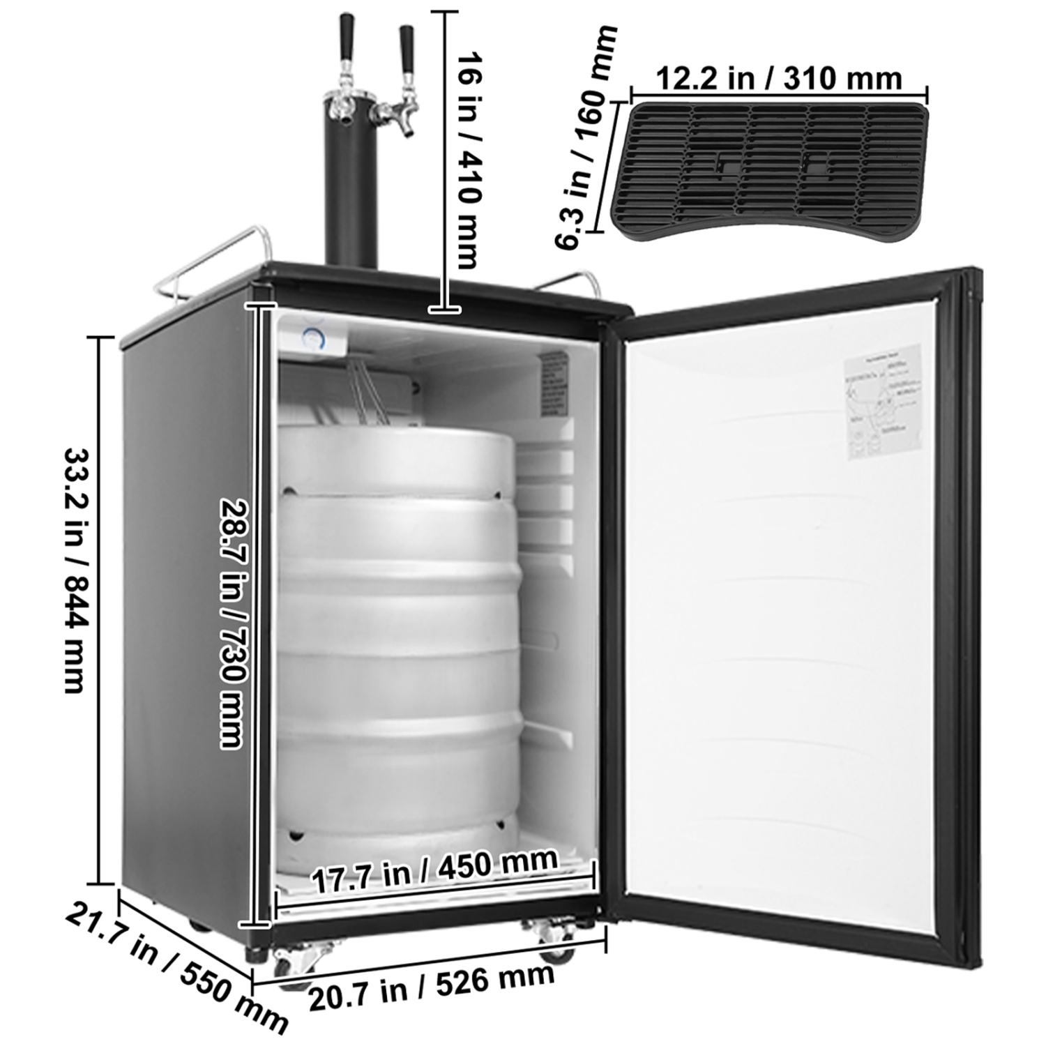 VEVOR Beer Kegerator, Dual Tap Draft, Full Size Keg Refrigerator with CO2 Cylinder, Shelves, Drip Tray & Rail, 32°F- 50°F Temperature Control, Hold