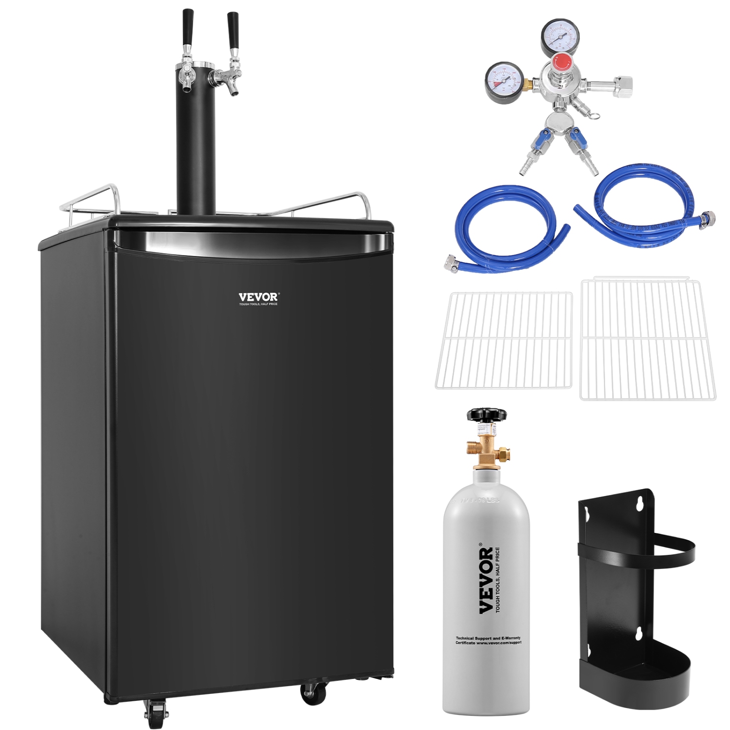 VEVOR Beer Kegerator, Dual Tap Draft, Full Size Keg Refrigerator with CO2 Cylinder, Shelves, Drip Tray & Rail, 32°F- 50°F Temperature Control, Hold