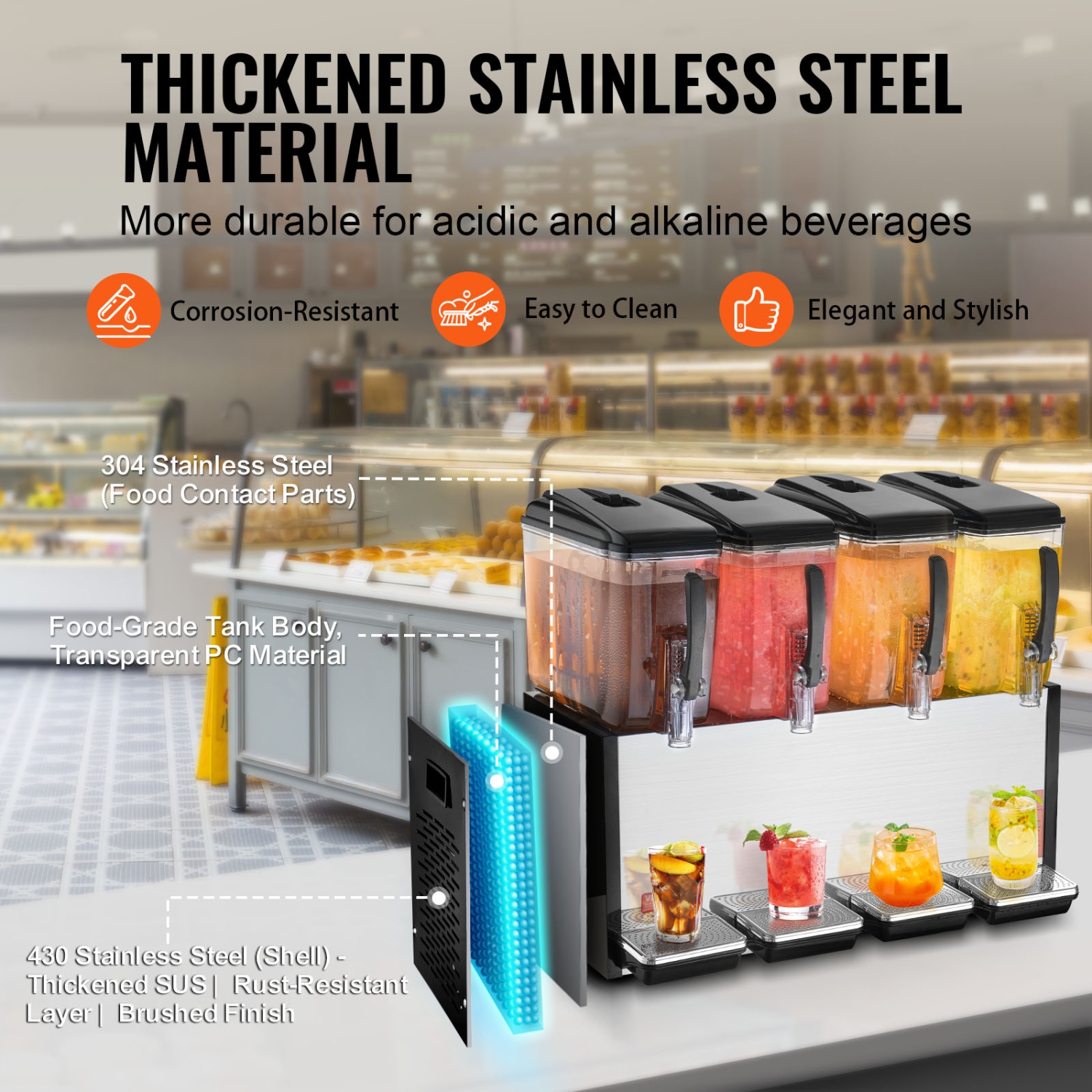 VEVOR 4 Tanks Commercial Beverage Dispenser, 12L / 12.7QT Per Tank Juice Dispenser, 510W Stainless Steel Ice Tea Drink Machine with 45°F-54°F Cooling