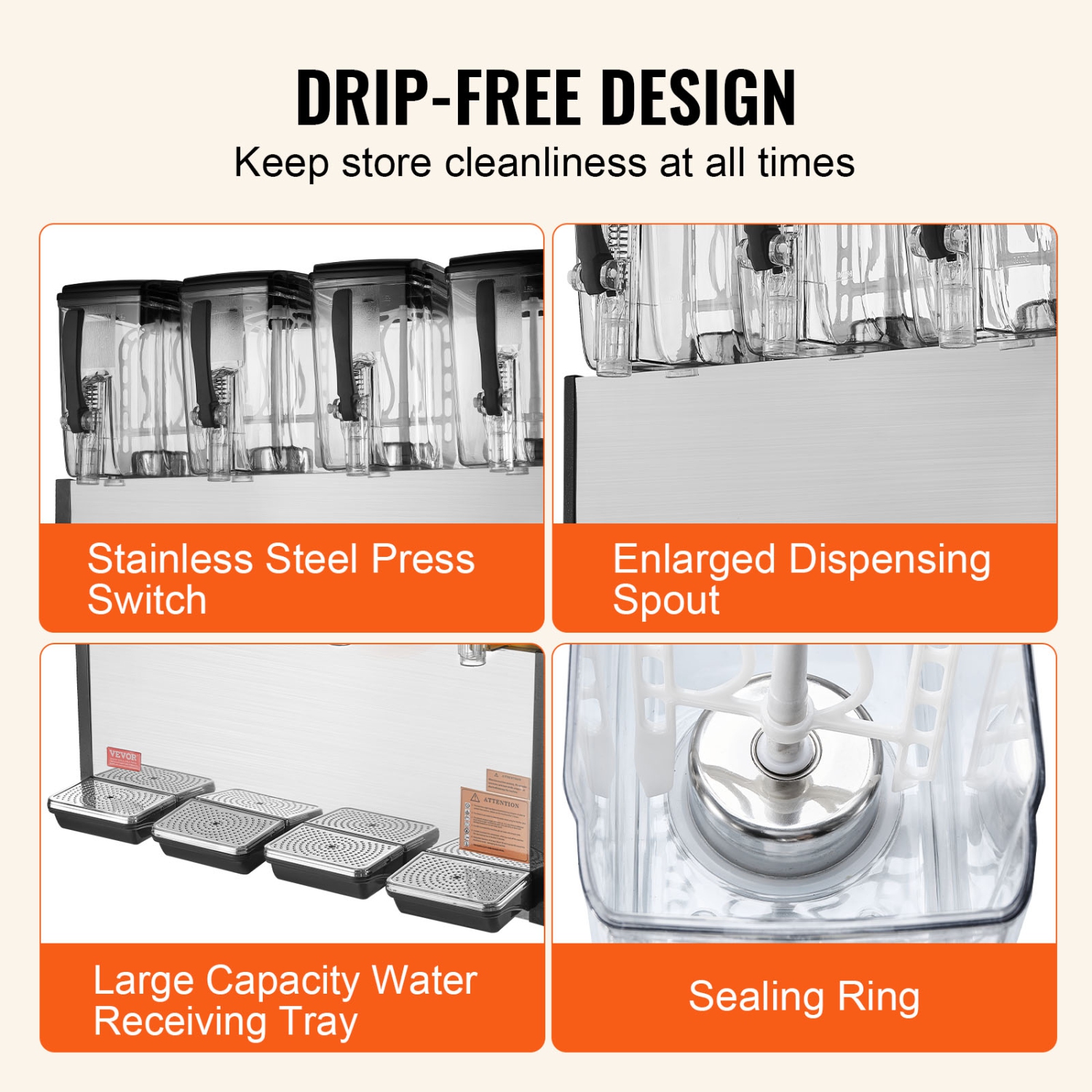 VEVOR 4 Tanks Commercial Beverage Dispenser, 12L / 12.7QT Per Tank Juice Dispenser, 510W Stainless Steel Ice Tea Drink Machine with 45°F-54°F Cooling