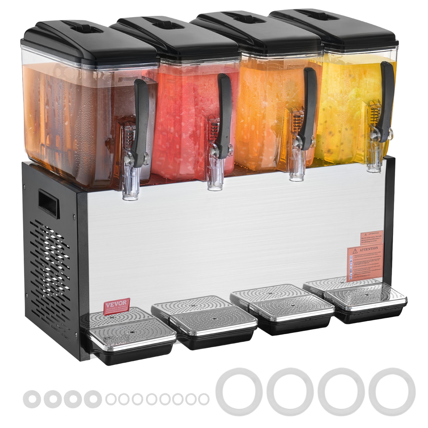 VEVOR 4 Tanks Commercial Beverage Dispenser, 12L / 12.7QT Per Tank Juice Dispenser, 510W Stainless Steel Ice Tea Drink Machine with 45°F-54°F Cooling