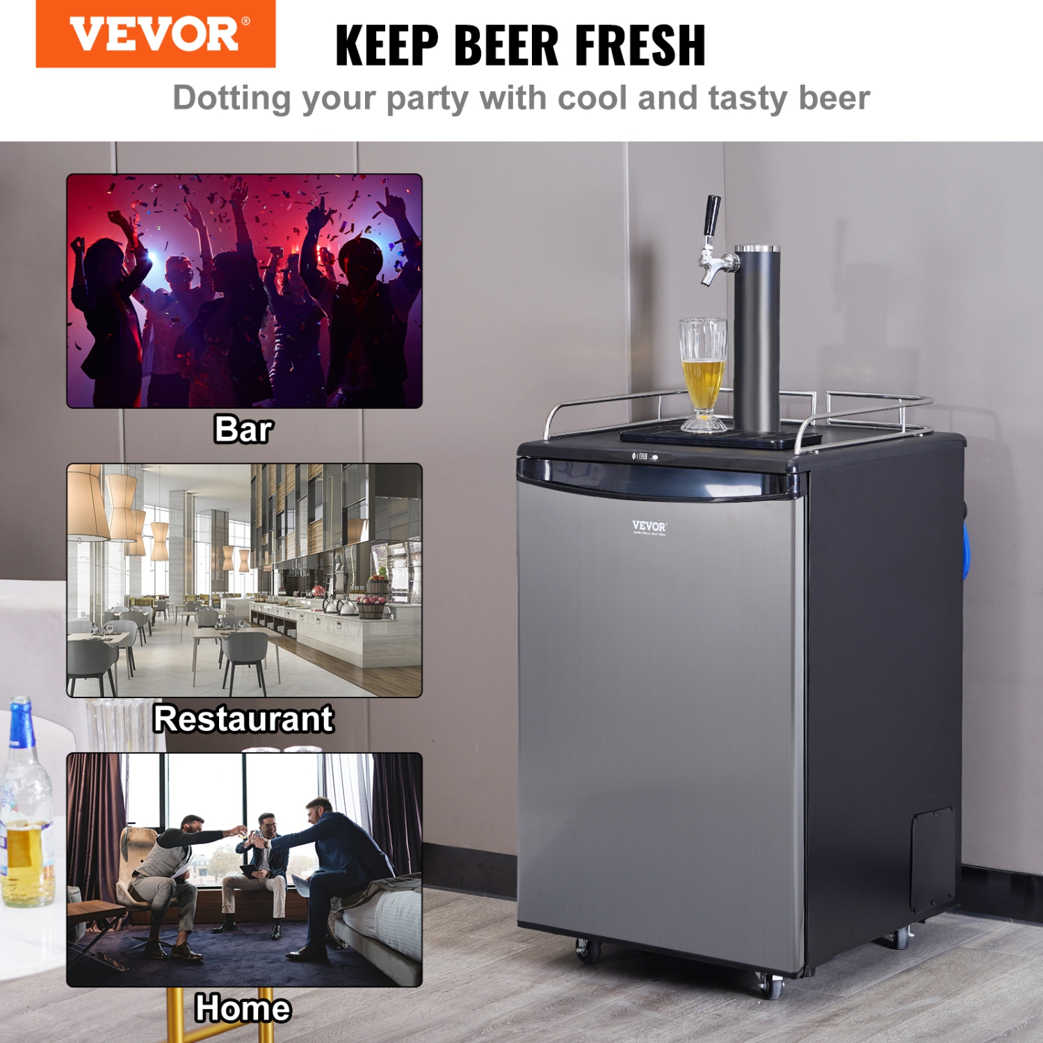 VEVOR Beer Kegerator, Single Tap Draft, Full Size Keg Refrigerator With CO2 Cylinder, Drip Tray & Rail, 32°F- 75.2°F Temperature Control, Holds 1/6,