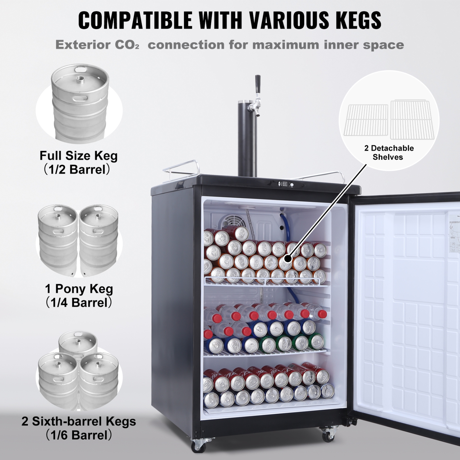 VEVOR Beer Kegerator, Single Tap Draft, Full Size Keg Refrigerator With CO2 Cylinder, Drip Tray & Rail, 32°F- 75.2°F Temperature Control, Holds 1/6,