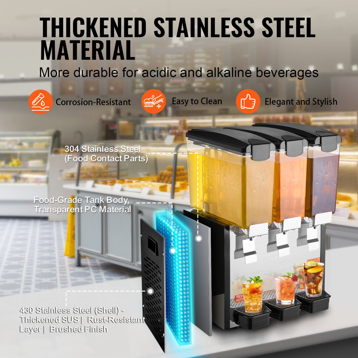 VEVOR 3 Tanks Commercial Beverage Dispenser, 10L / 10.6QT Per Tank Juice Dispenser, 440W Stainless Steel Ice Tea Drink Machine with 45°F-54°F Cooling