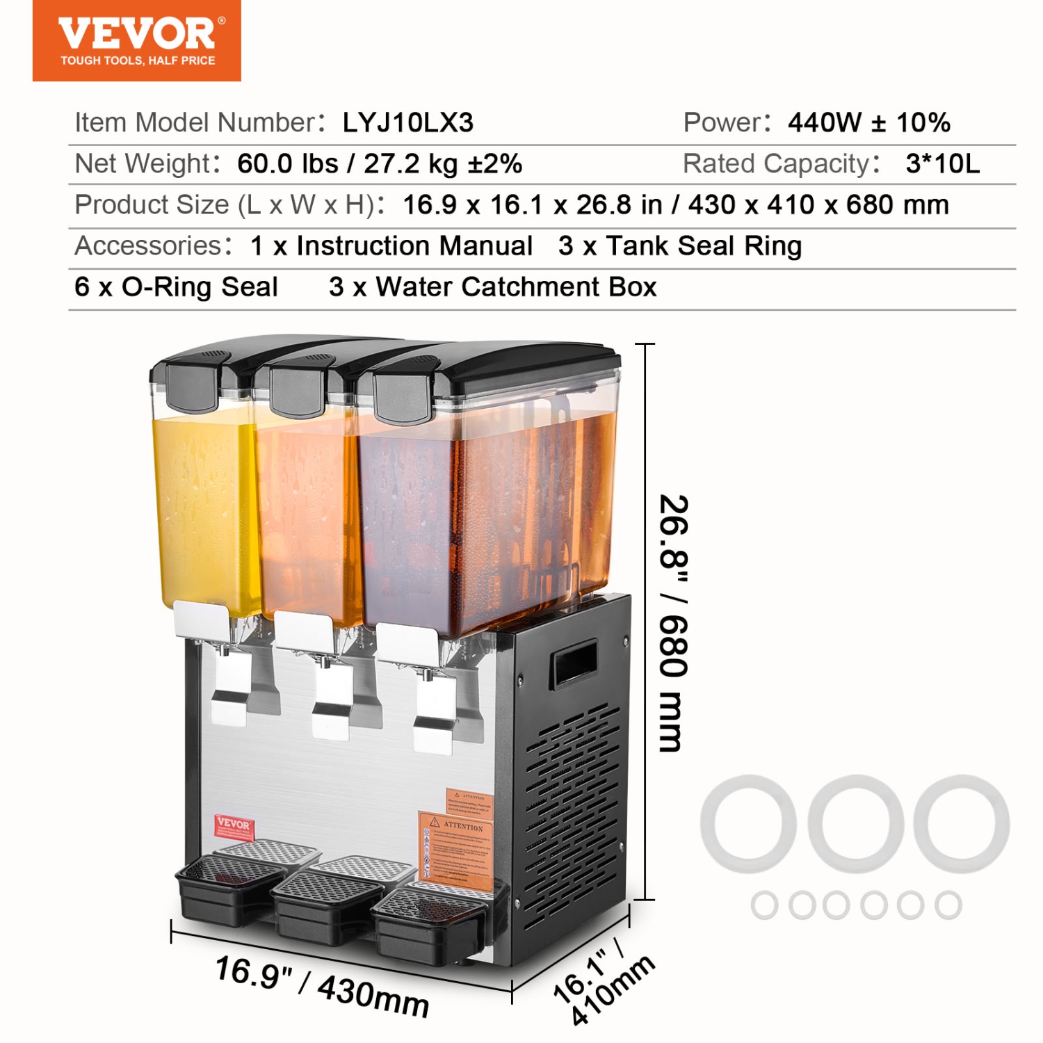 VEVOR 3 Tanks Commercial Beverage Dispenser, 10L / 10.6QT Per Tank Juice Dispenser, 440W Stainless Steel Ice Tea Drink Machine with 45°F-54°F Cooling