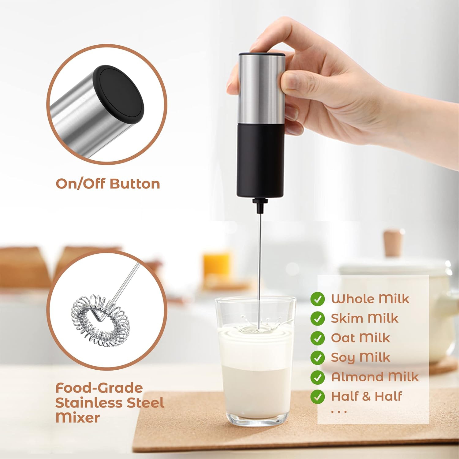Electric Milk Frother - Mini Powerful Egg Beater, Suitable for Coffee, Protein Shakes, Non-Dairy Milk, Compact and Durable, One-Touch Operation,