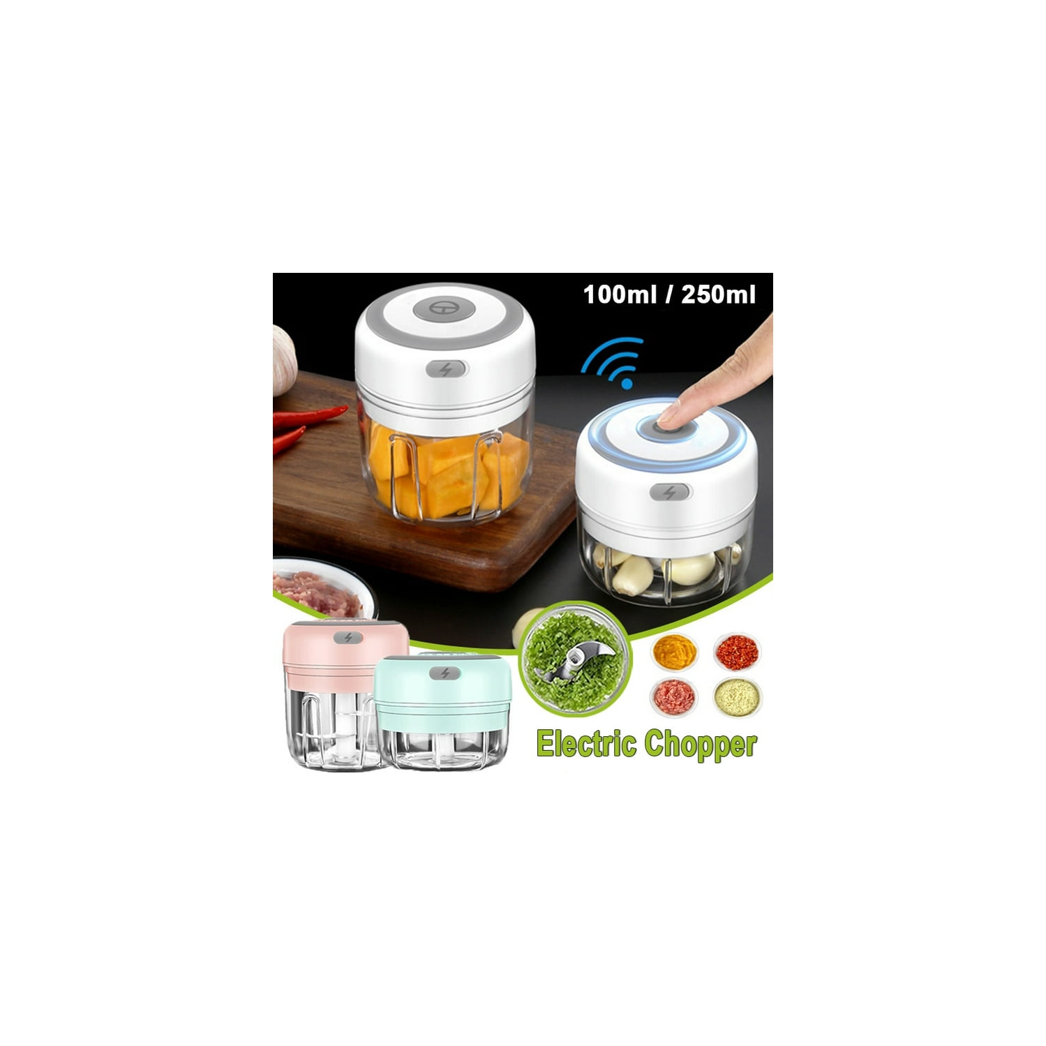 30W Mini Food Chopper - Electric Garlic Ginger Nut Crusher with Stainless Steel Blades, Easy to Clean, USB Rechargeable