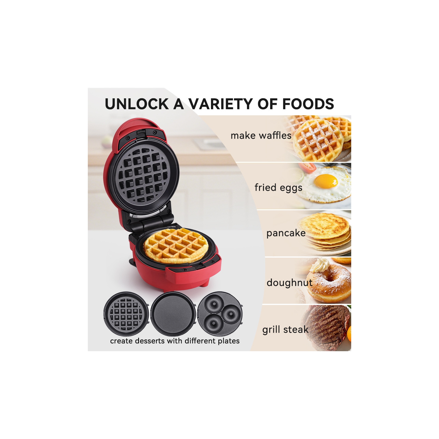 Red 3-in-1 Interchangeable Baking Plate, Mini Waffle Maker - Multi-Function, Fast Heating, Various Cooking Functions, Easy Cleaning, Mini Bread Maker