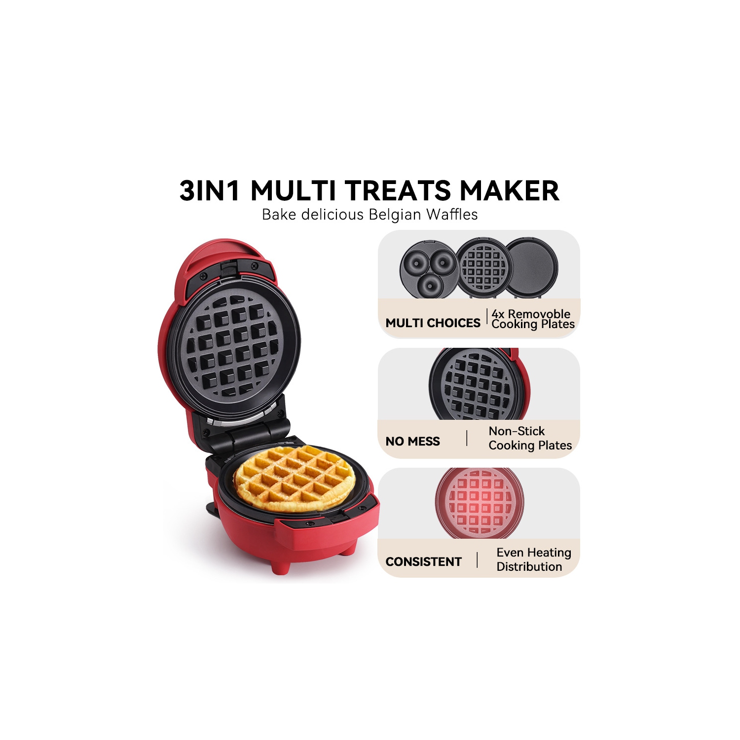 Red 3-in-1 Interchangeable Baking Plate, Mini Waffle Maker - Multi-Function, Fast Heating, Various Cooking Functions, Easy Cleaning, Mini Bread Maker