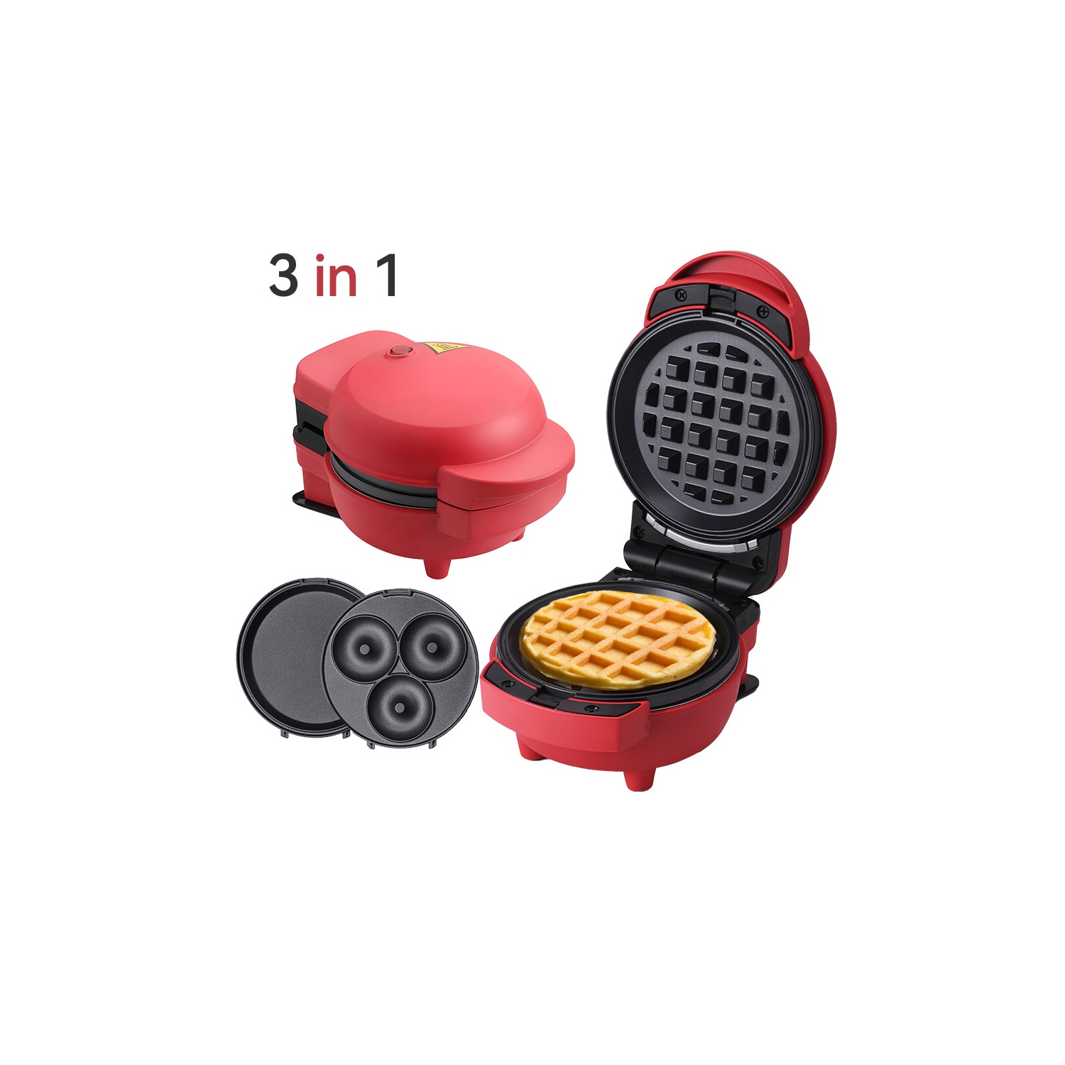 Red 3-in-1 Interchangeable Baking Plate, Mini Waffle Maker - Multi-Function, Fast Heating, Various Cooking Functions, Easy Cleaning, Mini Bread Maker