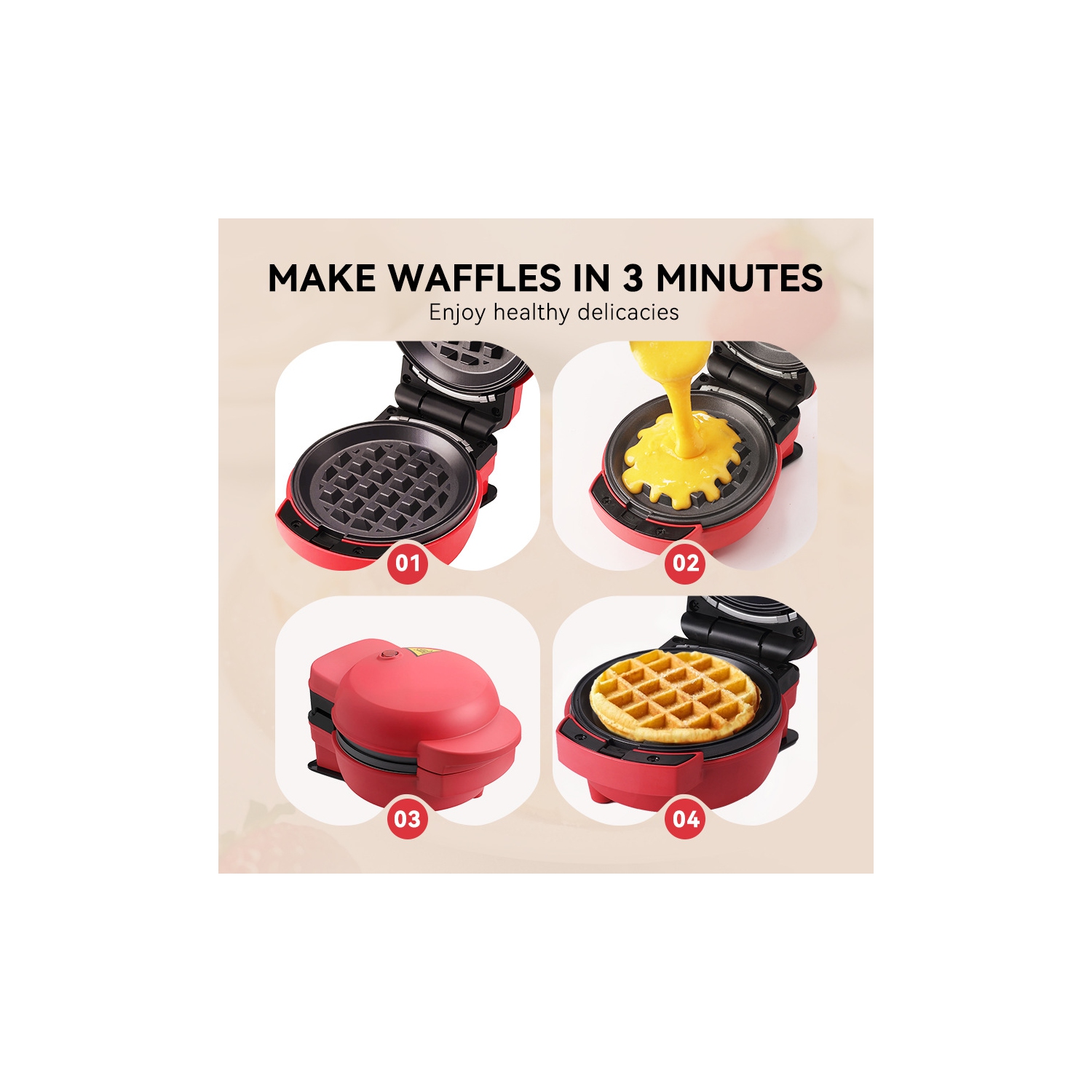 Red 3-in-1 Interchangeable Baking Plate, Mini Waffle Maker - Multi-Function, Fast Heating, Various Cooking Functions, Easy Cleaning, Mini Bread Maker