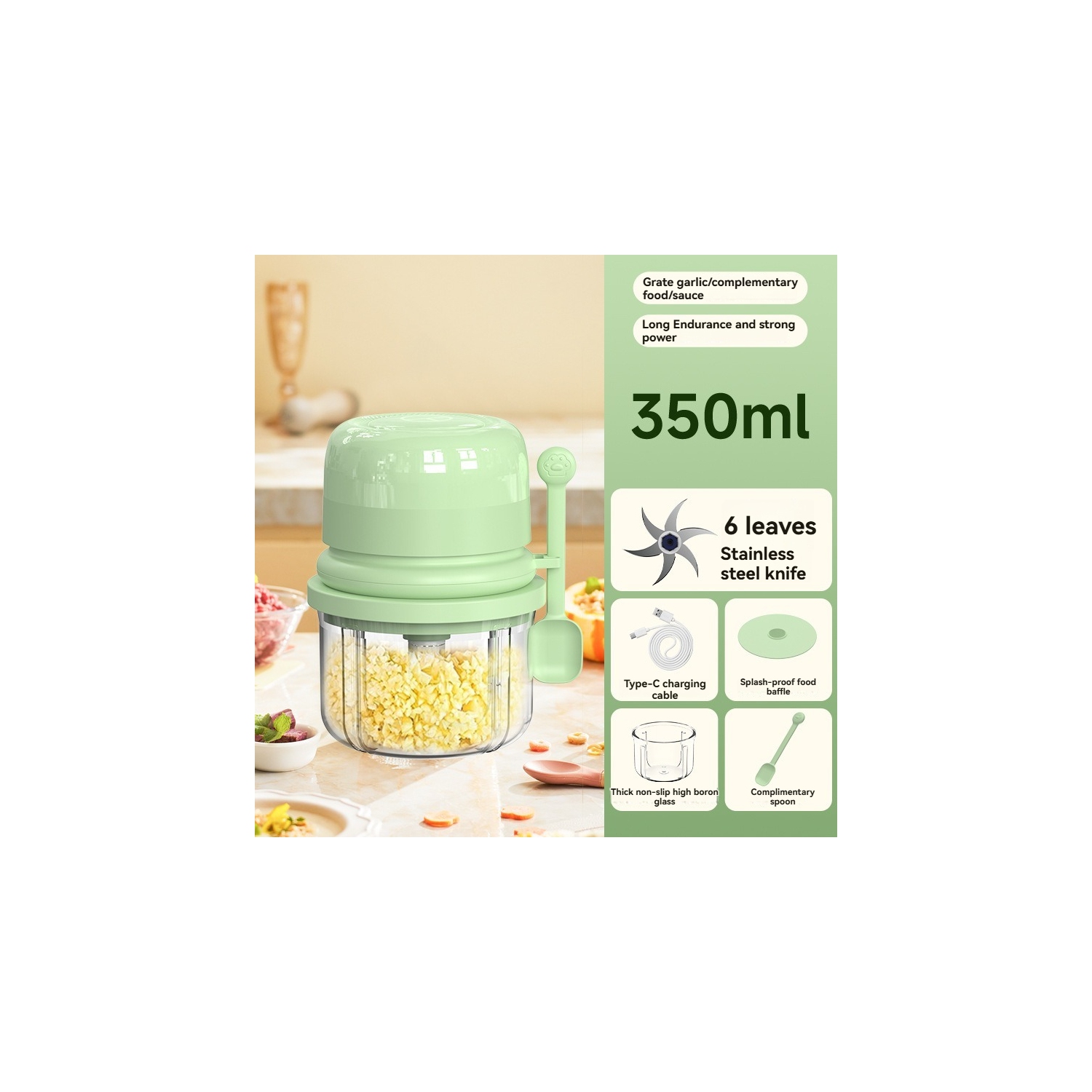 Mini Electric Garlic Mincer - Home Supplementary Food, 6 Stainless Steel Blades, Thick Non-slip High Hardness Glass, Easy to Clean, USB Charging