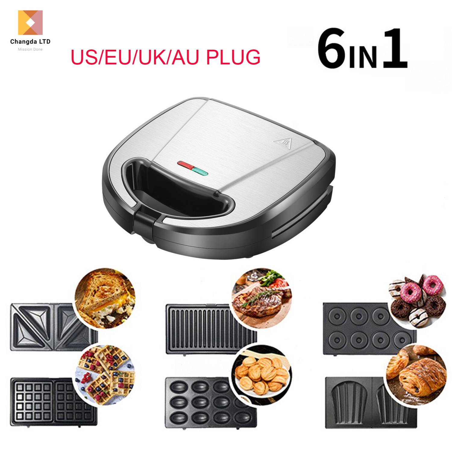 6-in-1 breakfast machine with removable tray - 750W double-sided heating for waffles, sandwiches and donuts - compact and portable, dishwasher safe