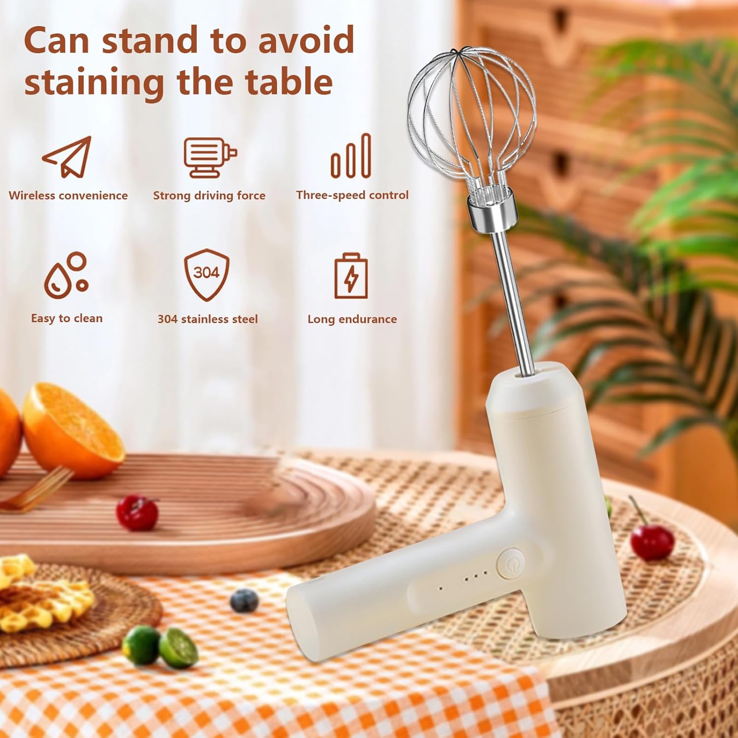 White Electric Mini Blender - USB rechargeable, cordless blender for cakes, butter and salads, 3 speeds, 2000 mAh battery, long battery life