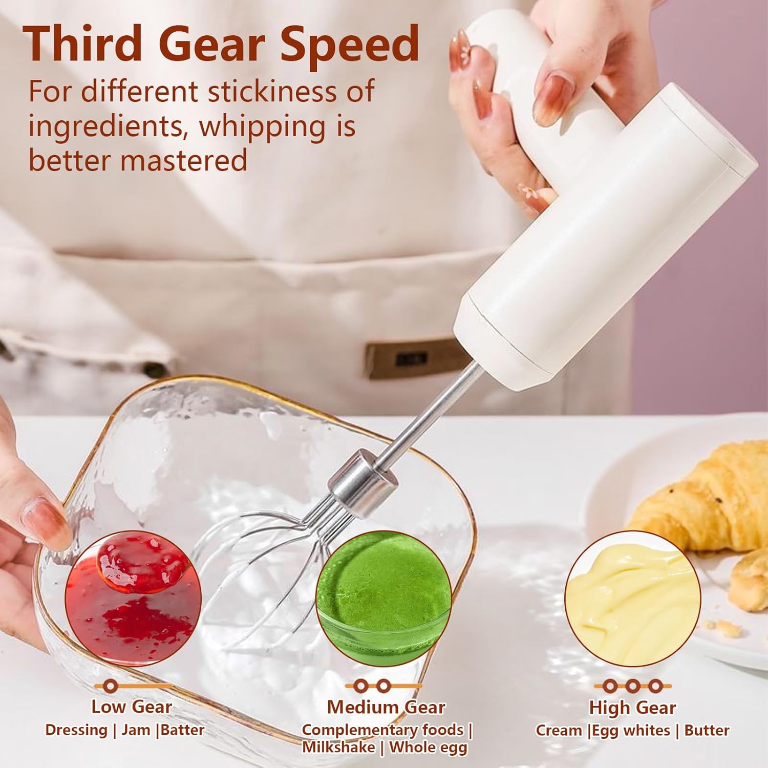 White Electric Mini Blender - USB rechargeable, cordless blender for cakes, butter and salads, 3 speeds, 2000 mAh battery, long battery life