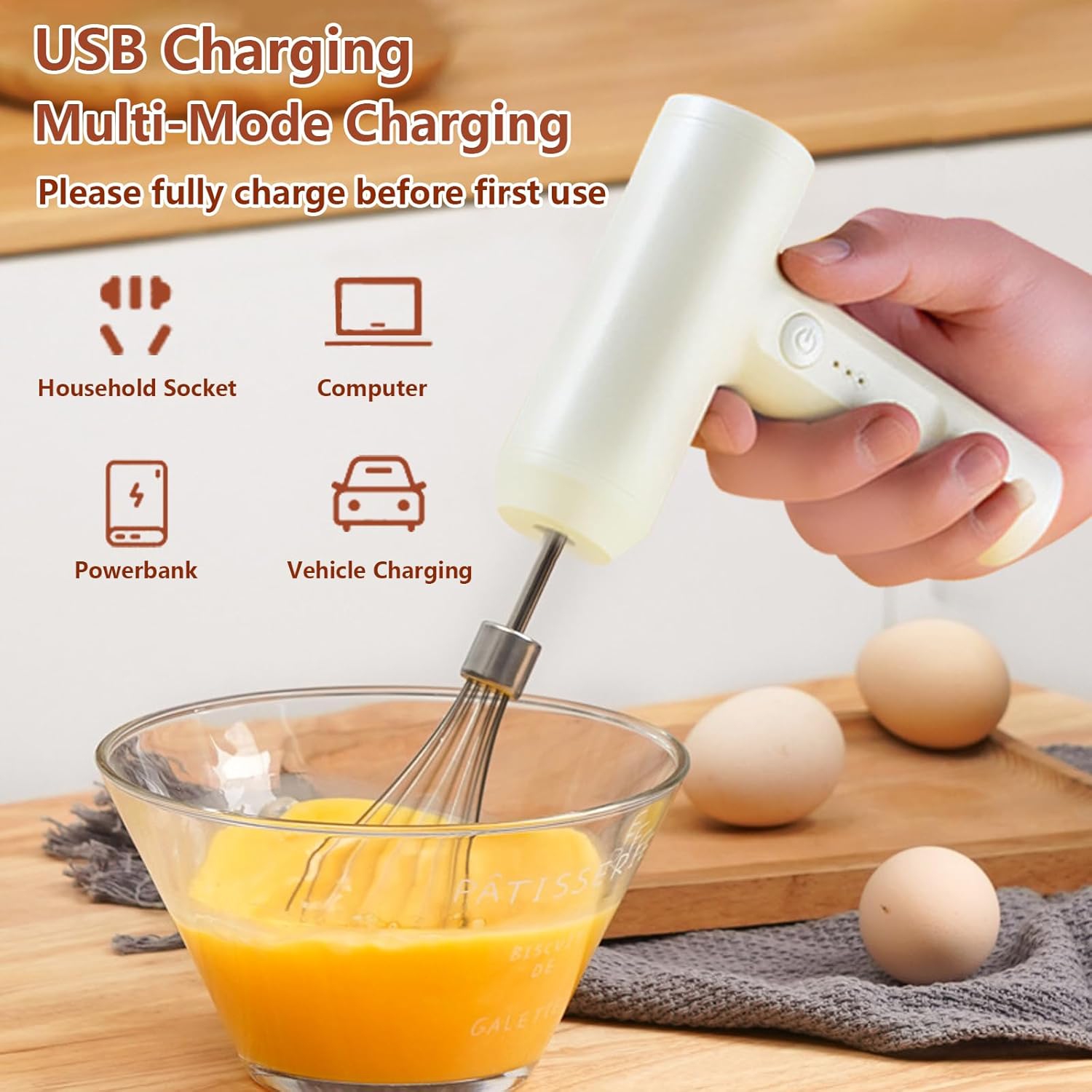 White Electric Mini Blender - USB rechargeable, cordless blender for cakes, butter and salads, 3 speeds, 2000 mAh battery, long battery life