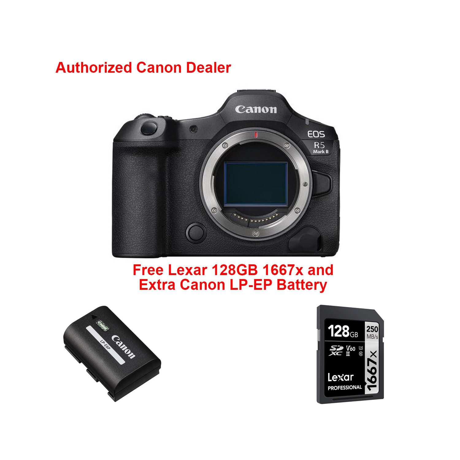 Canon EOS R5 Mark II Camera Body + Canon Extra battery + 128GB SD