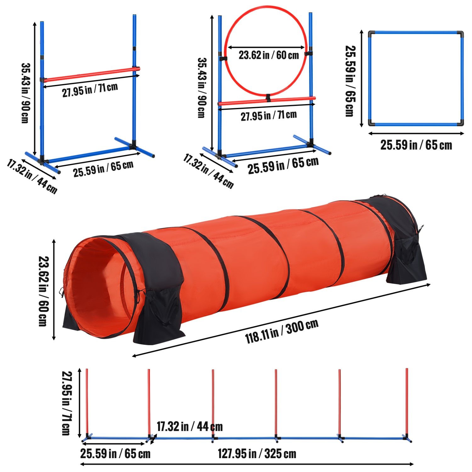 VEVOR 5 PCS Dog Agility Training Equipment, Set Upgrade with Adjustable High Hurdles,6 Weave Poles,Extended Tunnel,Jump Ring,Pause Box, Foldable