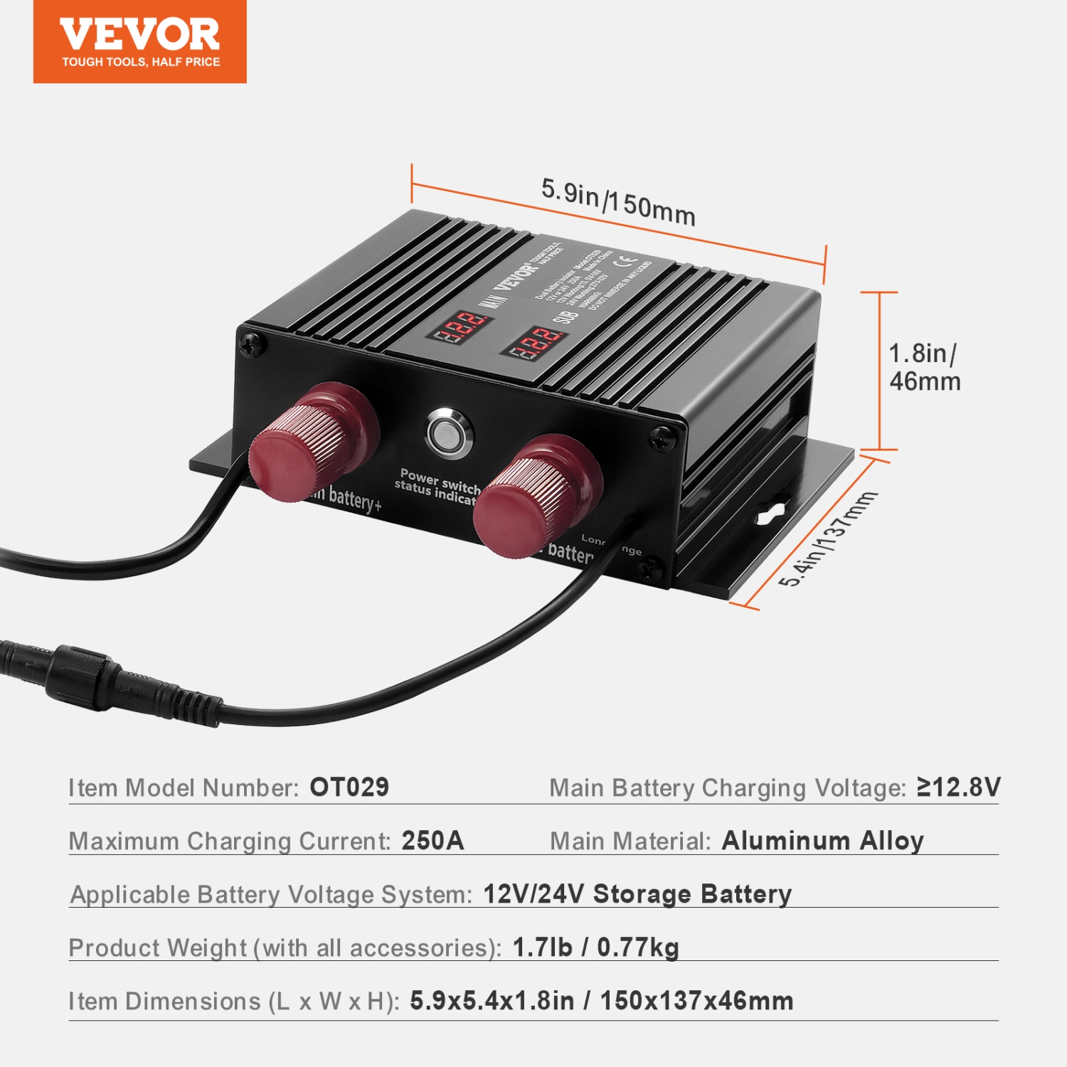 VEVOR 250 AMP Dual Battery Smart Isolator, 12V/24V, Universal VSR Voltage Sensitive Relay Battery Isolator with LCD Screen, for Car ATV RV Battery